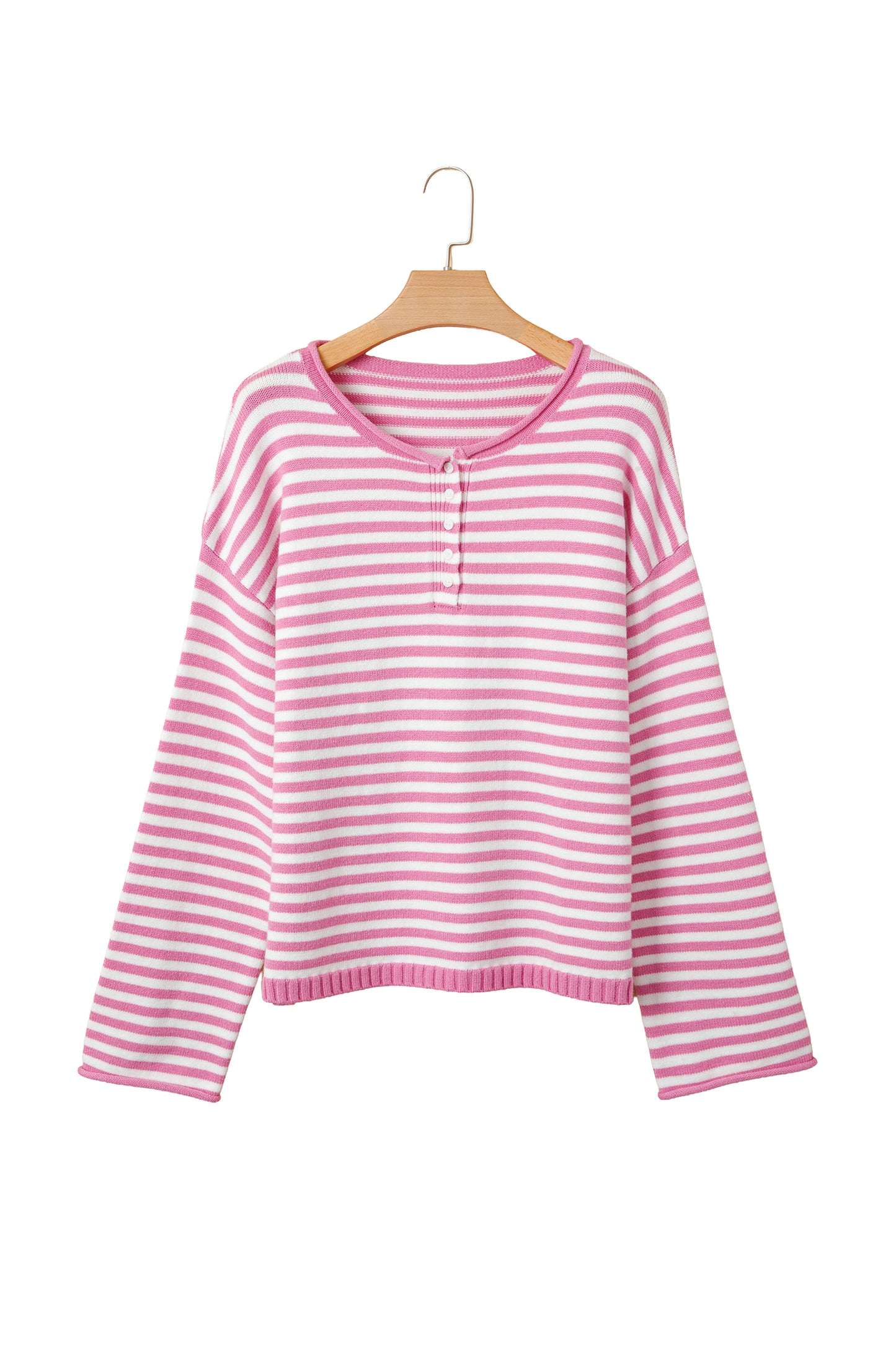 Green Stripe Striped Button Placket Drop Shoulder Long Sleeve Sweater