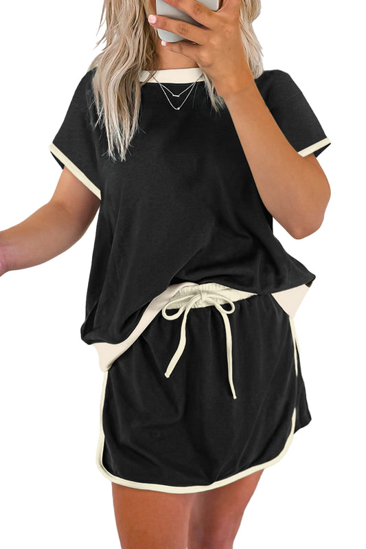 Black Colorblock Edge Drop Shoulder T Shirt and Skort 2Pcs Set