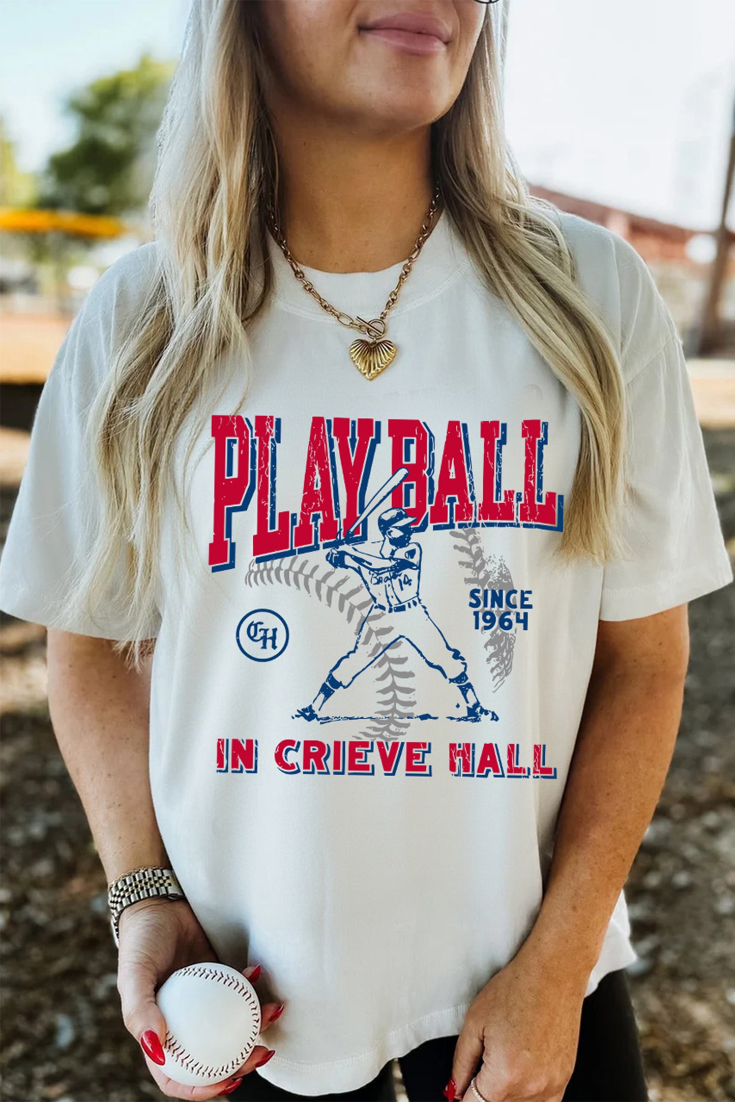 White PLAY BALL IN CRIEVE HALL Retro Graphic Tee