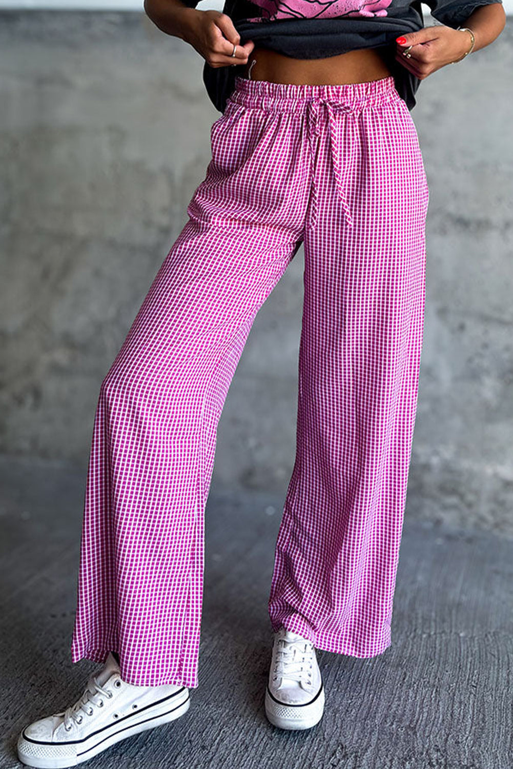 Prairie Rose Plaid Drawstring Wide-Leg Pants