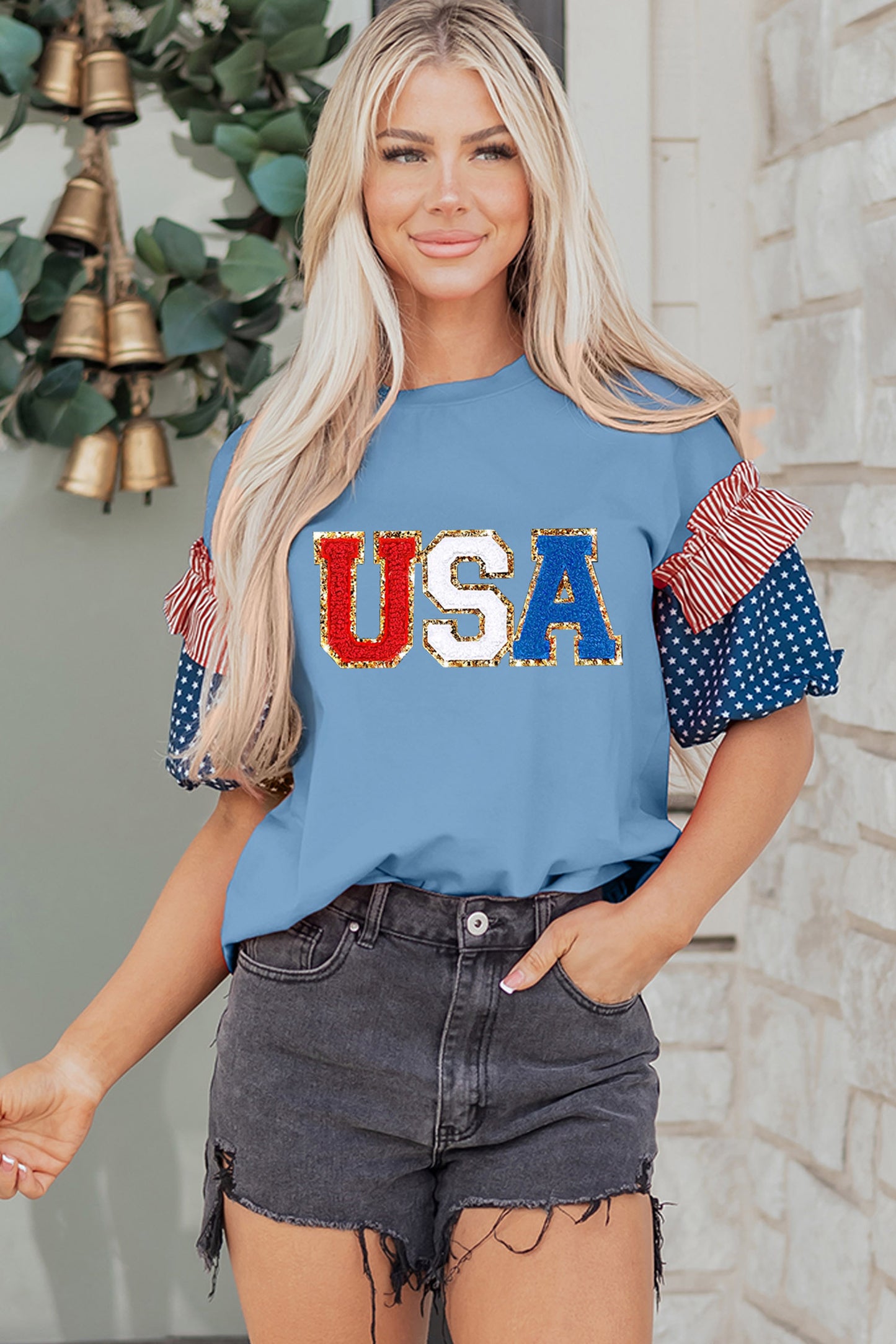 Beau Blue USA Chenille Lettering Stars and Stripes Patchwork Sleeve Top