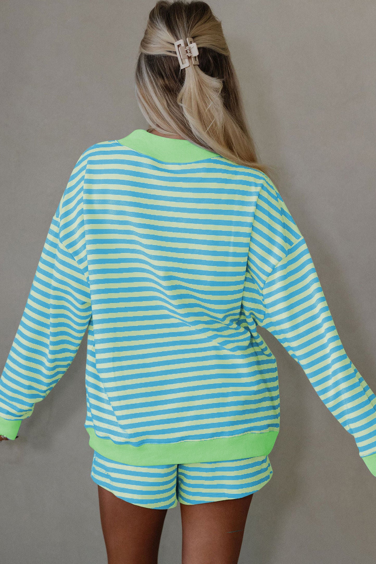Green Stripe Color Block Detail Long Sleeve Pullover Elastic Waist Pull On Shorts 2pcs Set