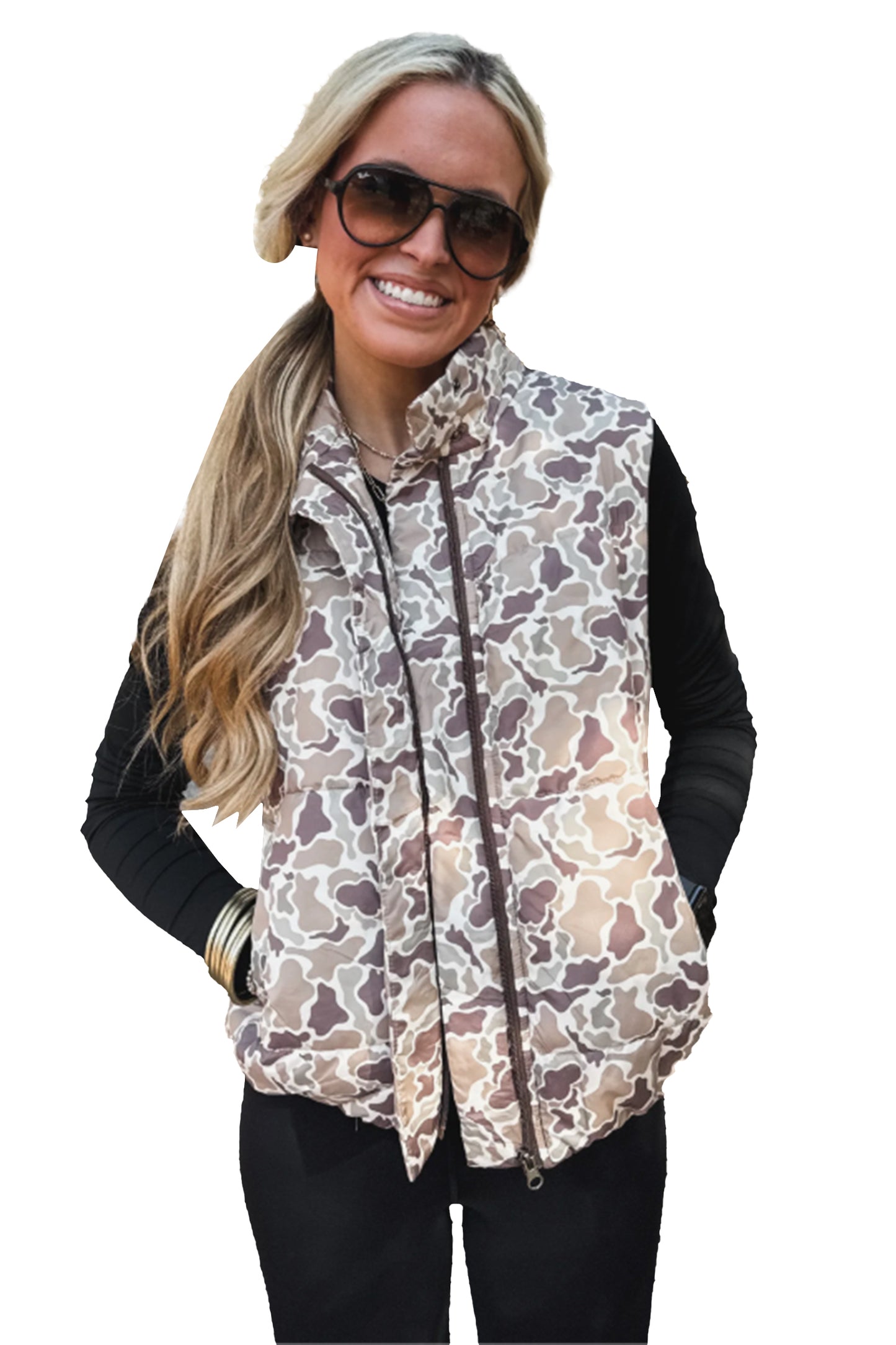 Multicolour Camouflage Puffer Zip-up Stand Neck Sleeveless Vest