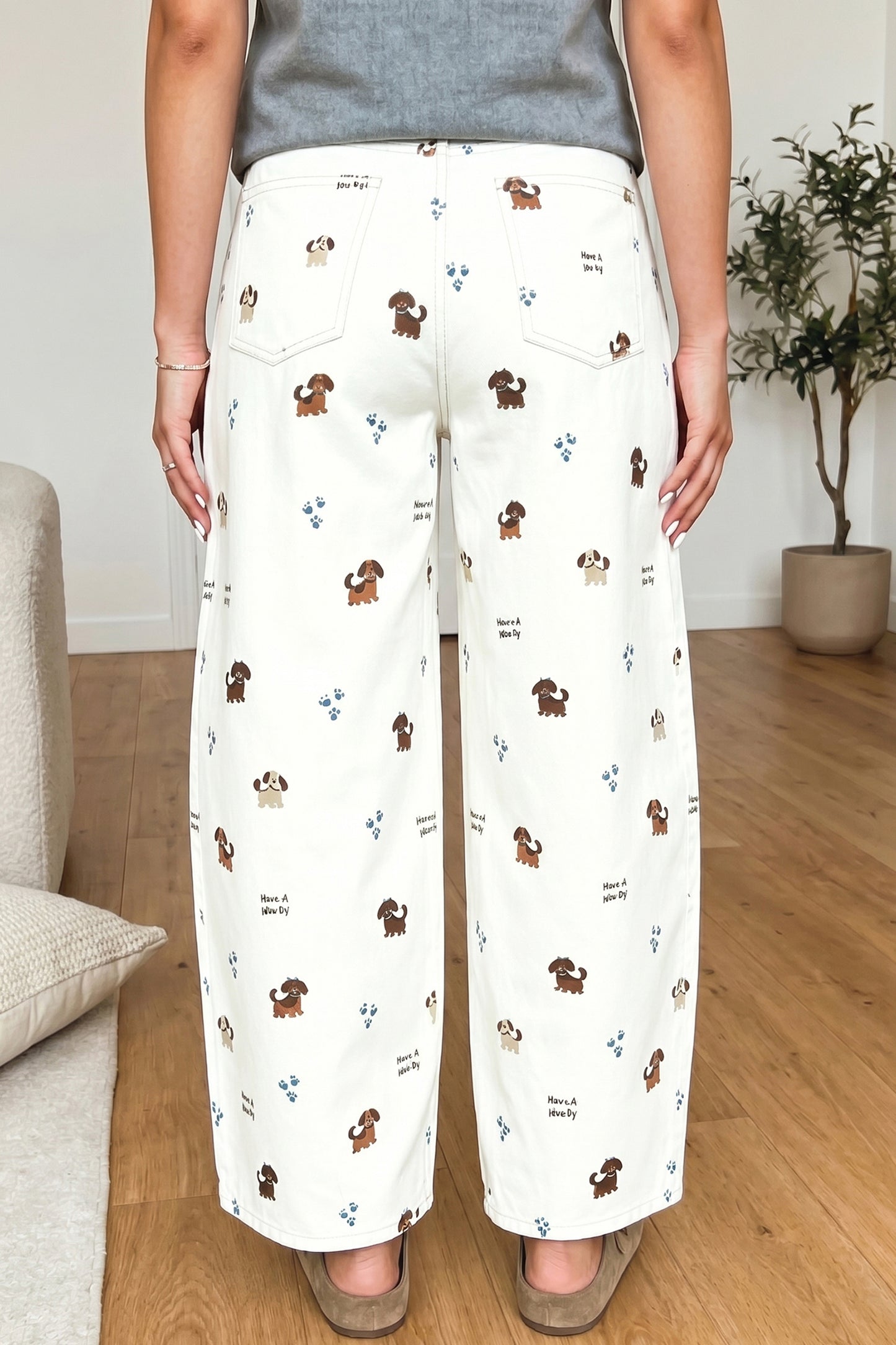 White Abstract Dog Print Wide Leg Full-Length Jeans