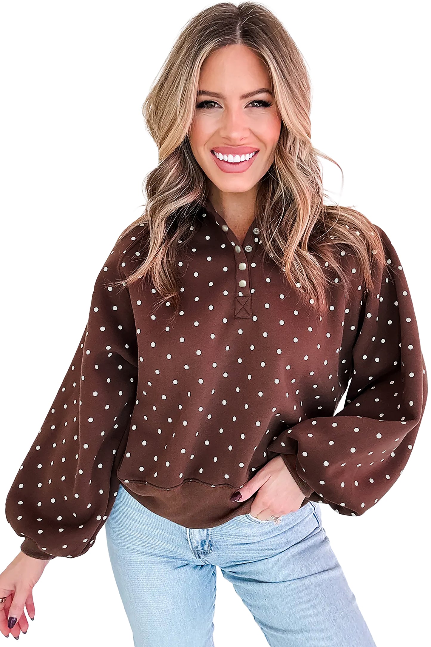 Blue Polka Dot Print Metal Button Collar Casual Pullover Sweatshirt