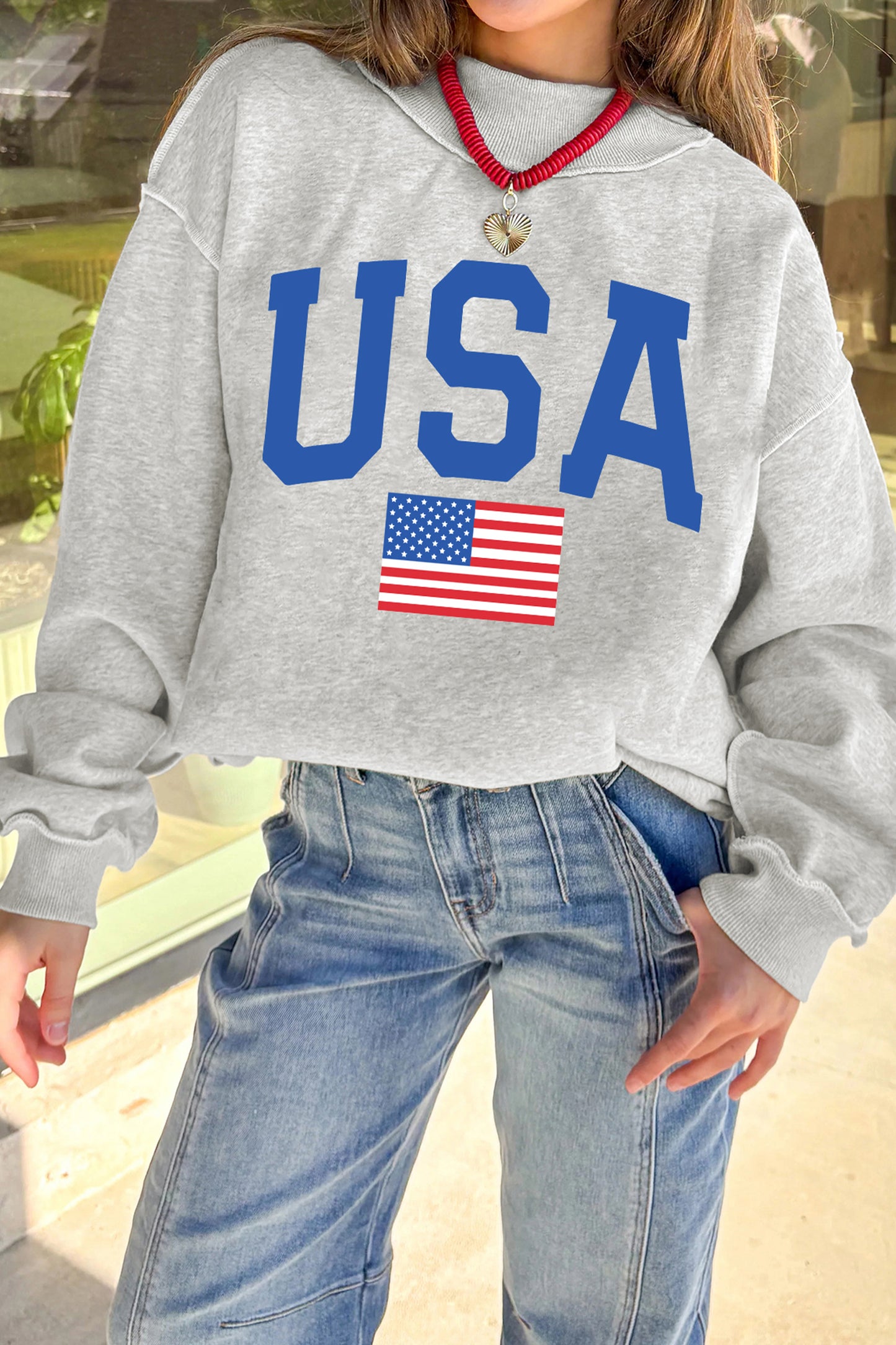 Light Grey Mock Neck Reversible USA/America Graphic Sweatshirt