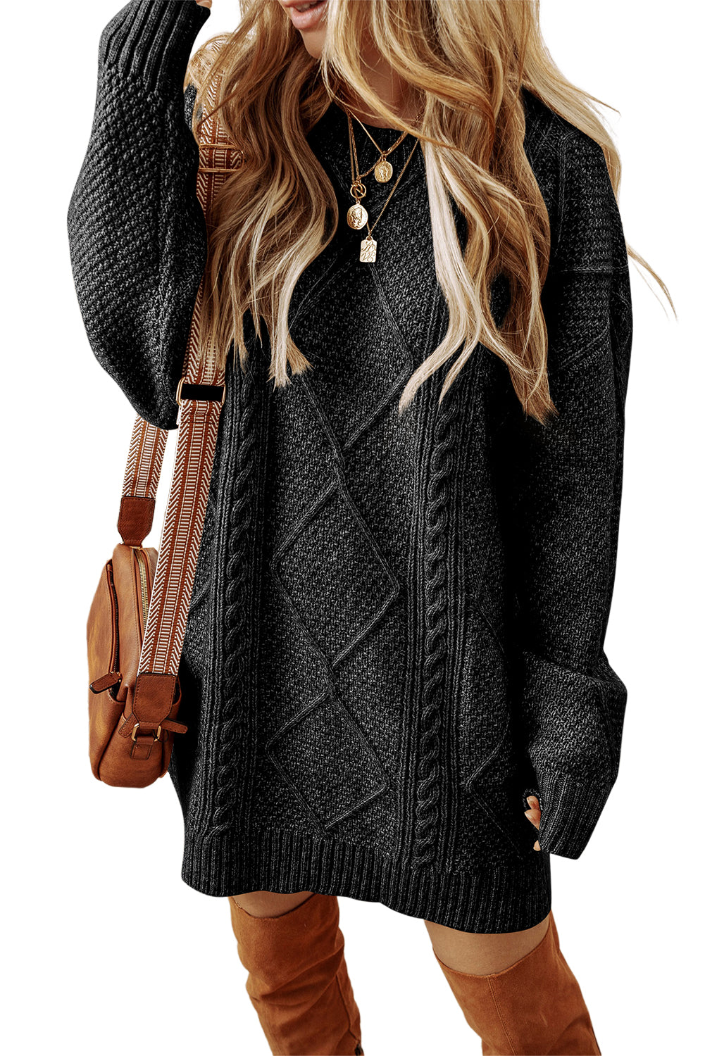 Coffee Cable Knit Drop Shoulder Loose Fit Sweater Dress