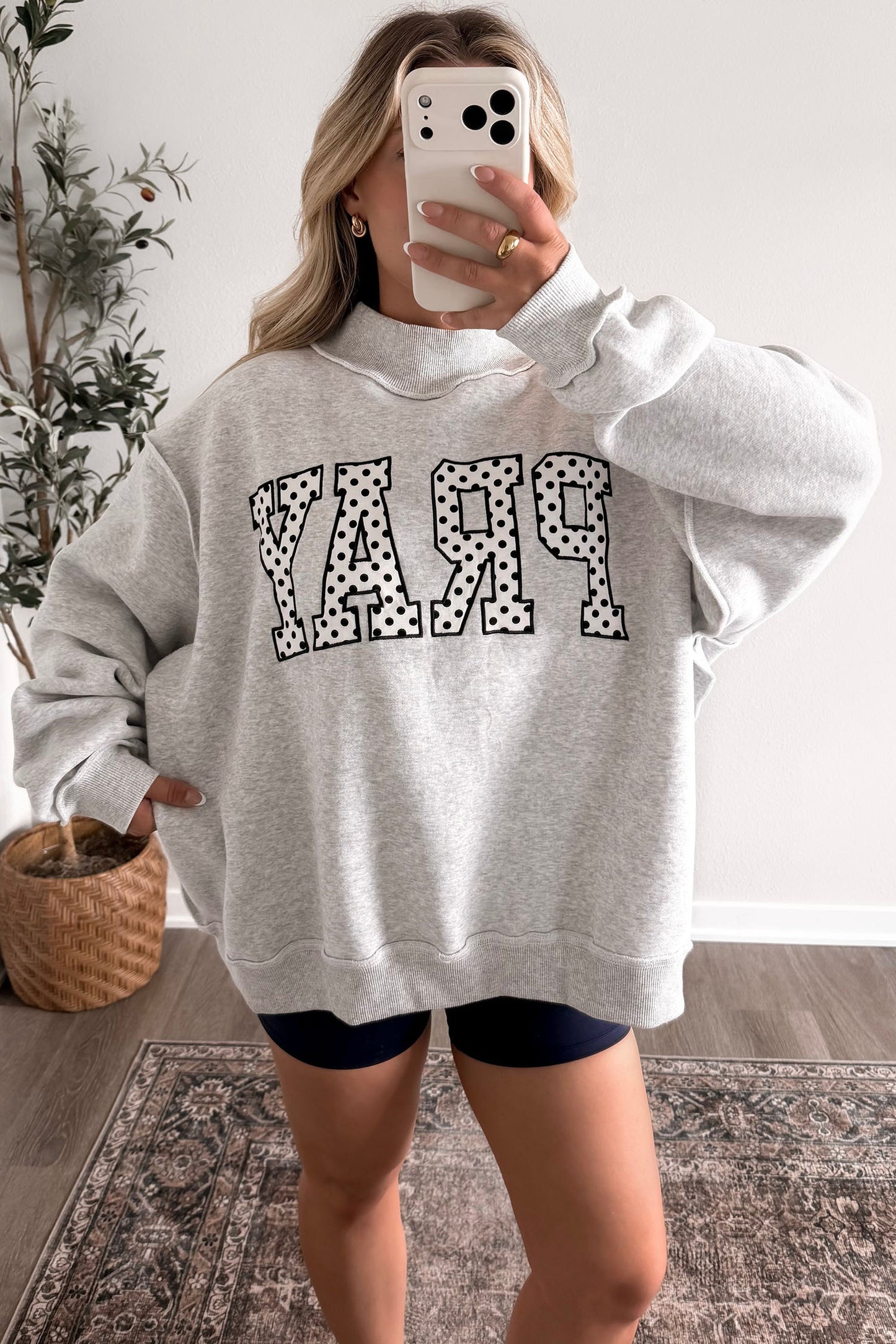 Gray PRAY Polka Dot Embroidered Mock Neck Sweatshirt