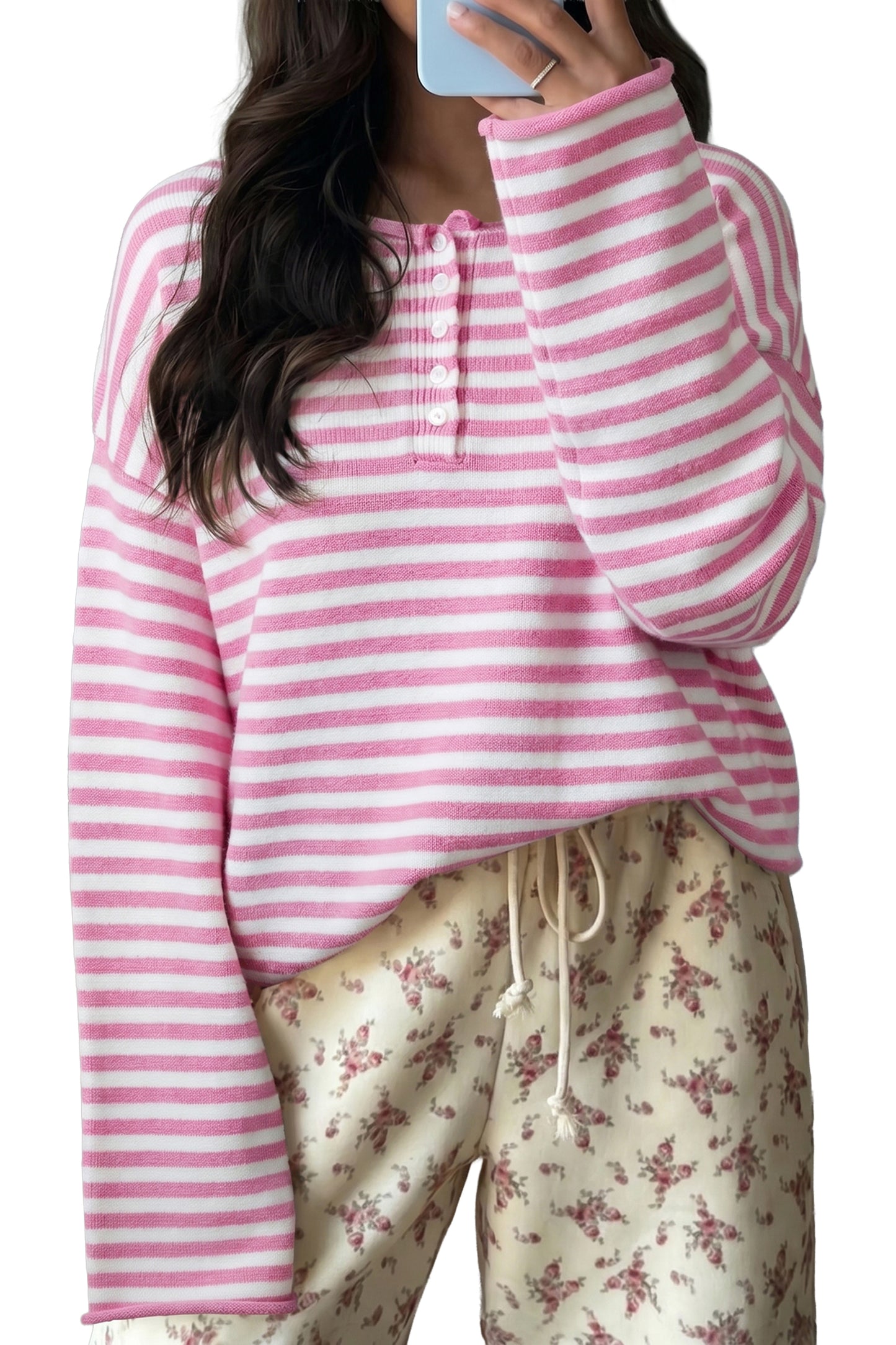 Green Stripe Striped Button Placket Drop Shoulder Long Sleeve Sweater