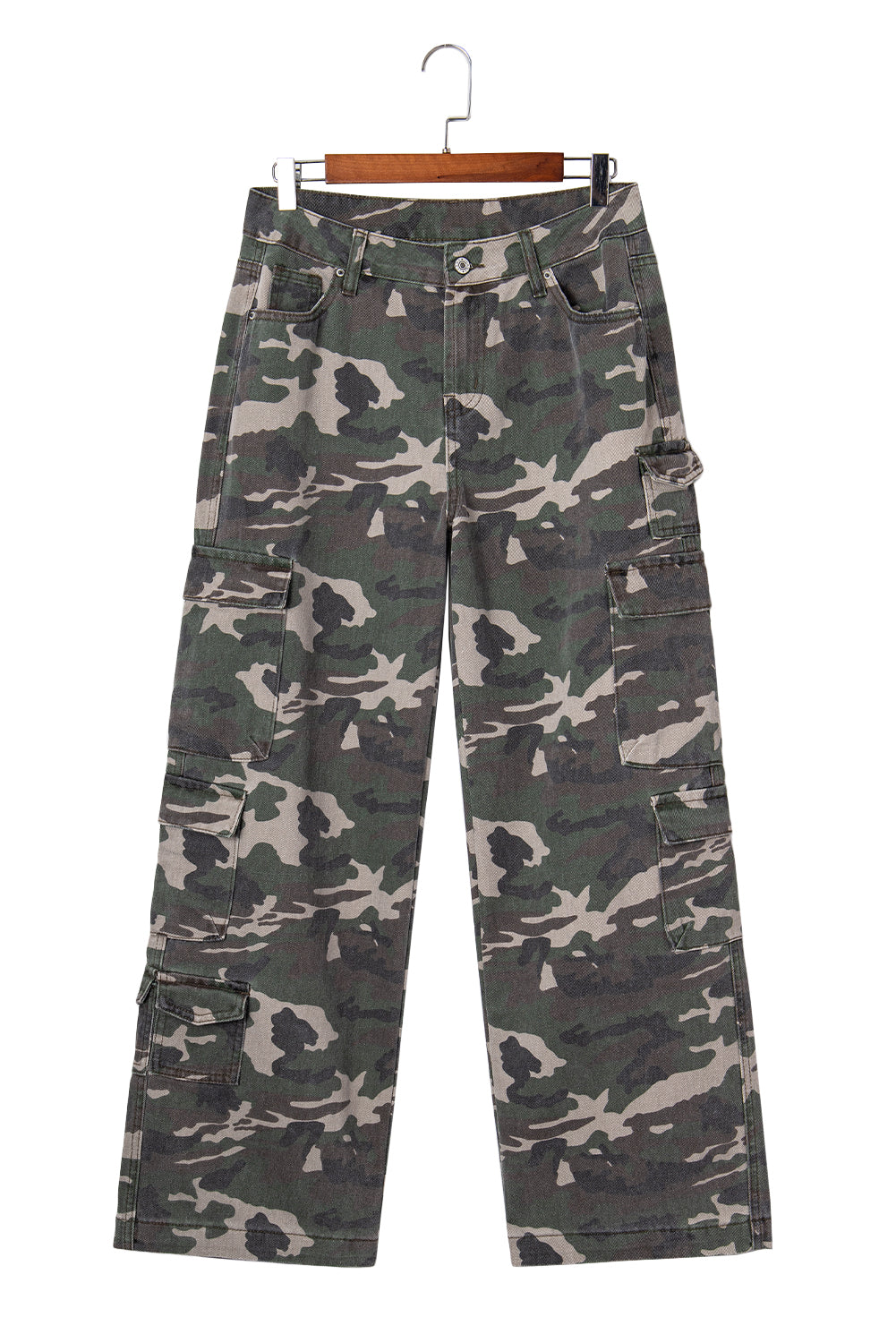 Green Camo Denim Cargo Wide Leg Pants