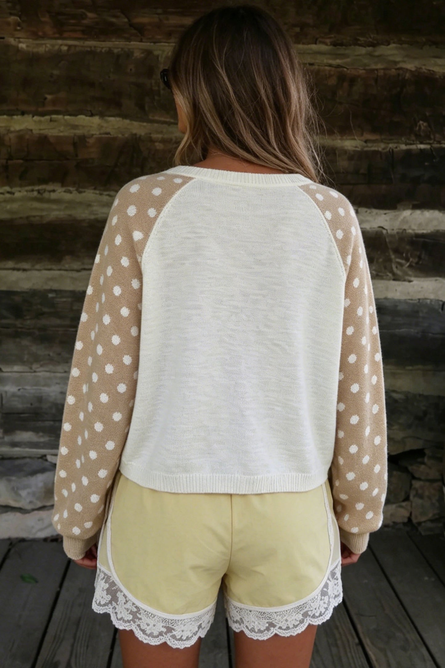 Khaki Polka Dot Contrast Long Sleeve Button V Neck Sweater