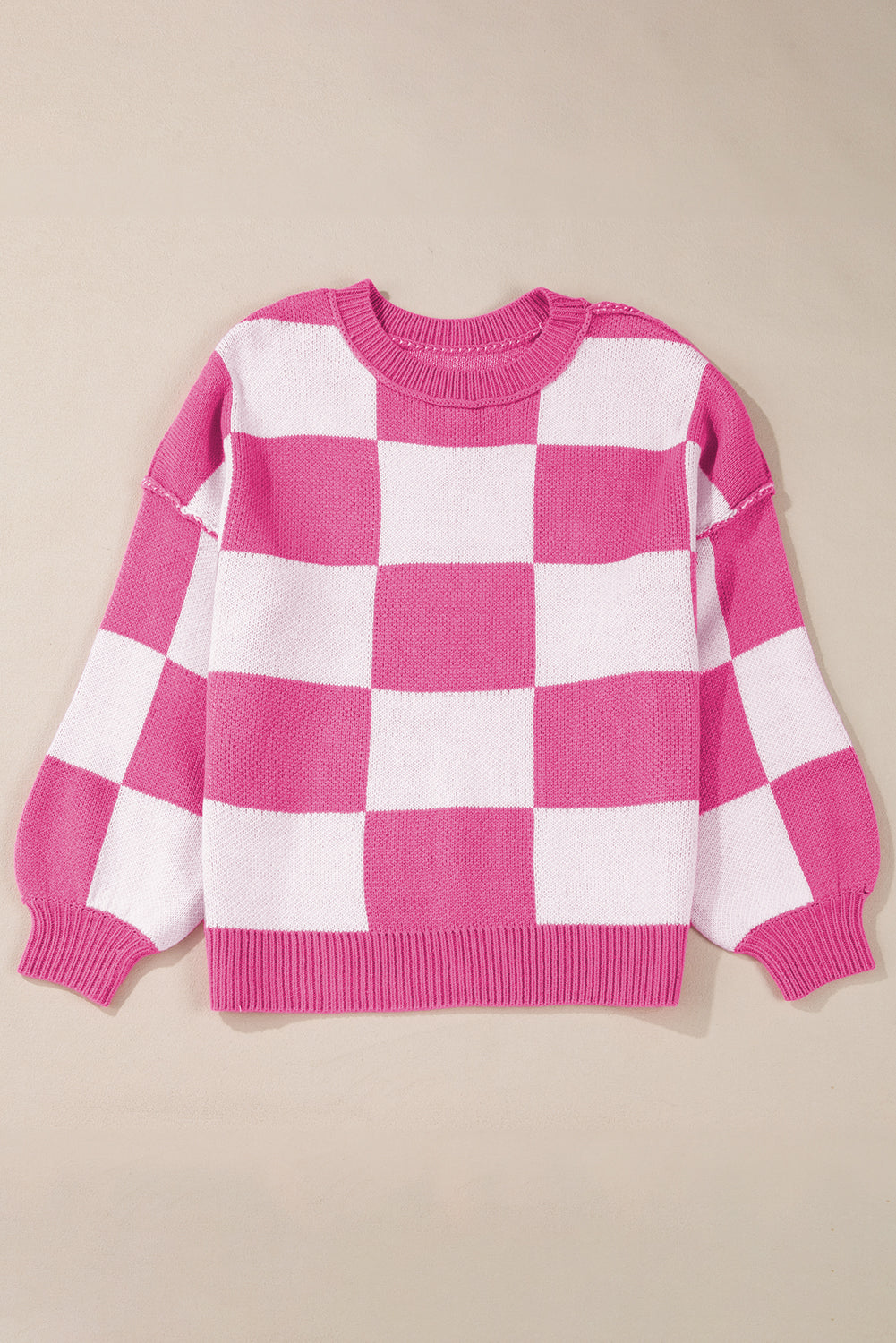 Rosy Checkered Bishop Sleeve Sweater