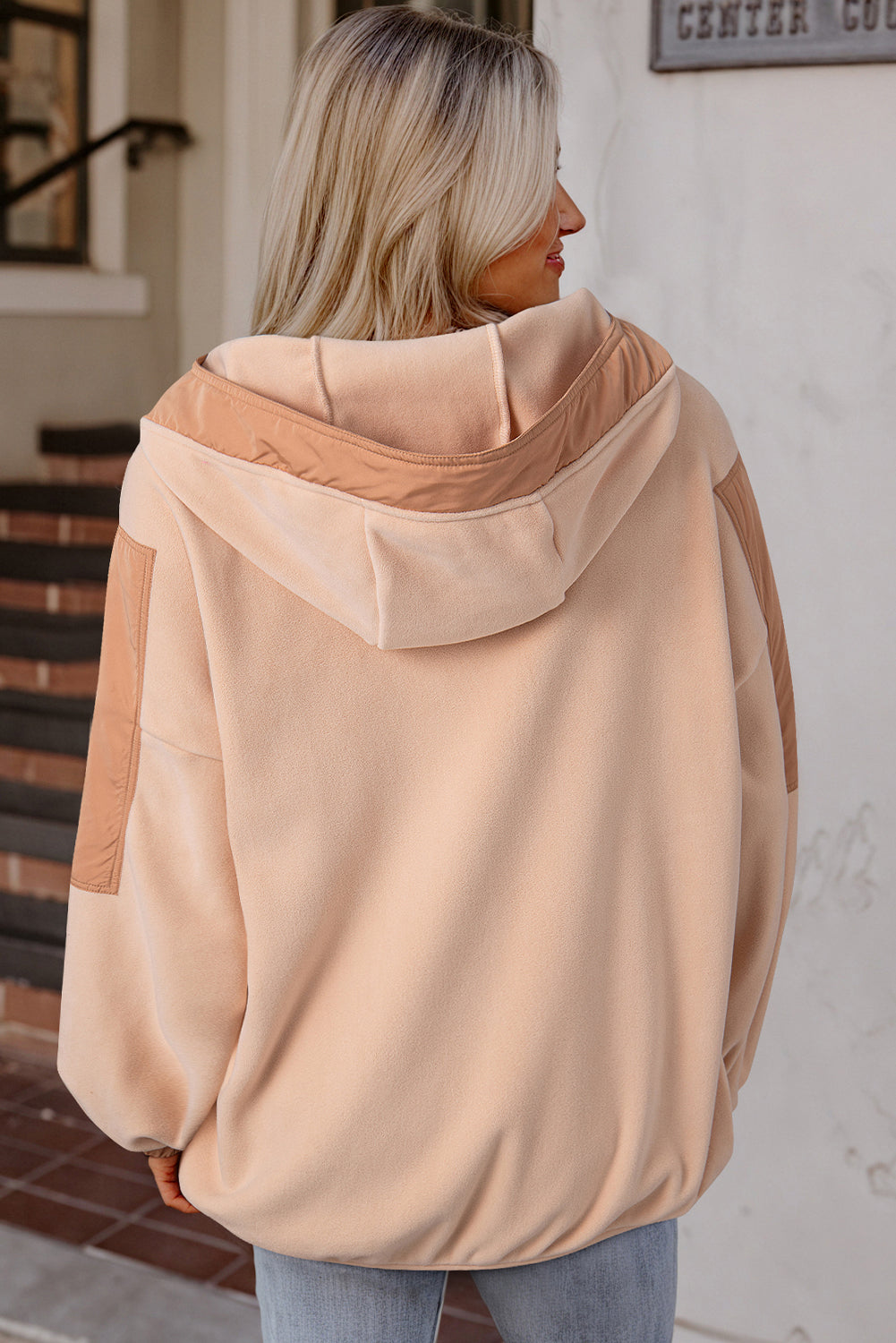 Pink Colorblock Patchwork Half Zip Oversized Sherpa Hoodie