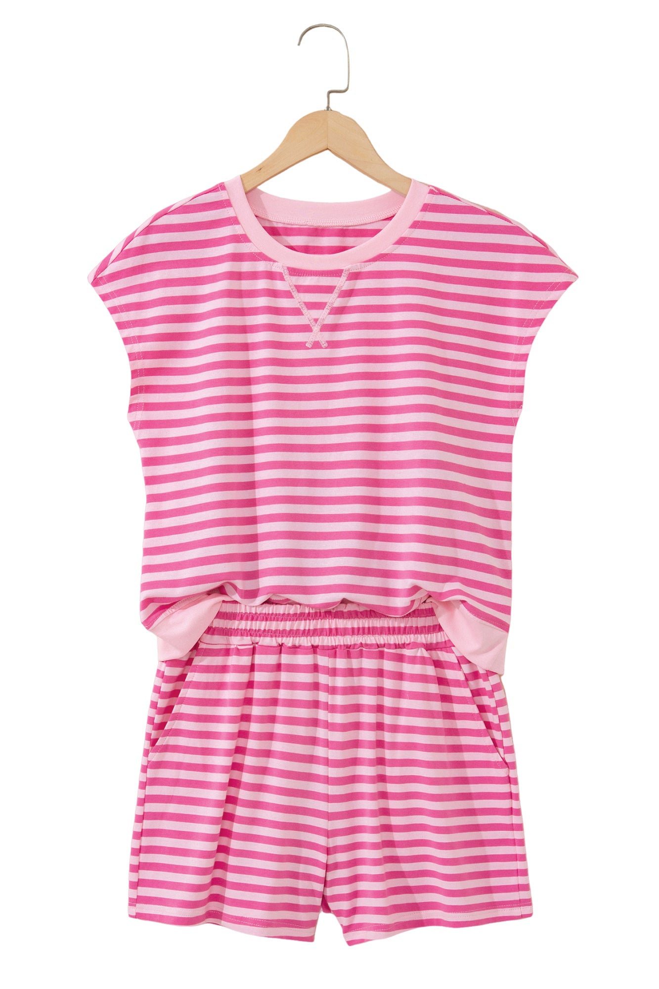 Pink Stripe Cap Sleeve Tee Elastic Waist Shorts 2pcs Outfit