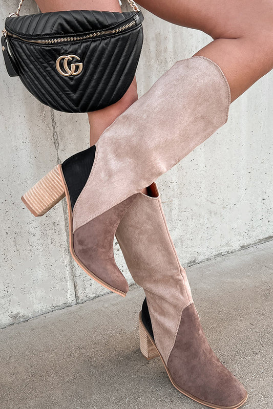 Coffee Suede Calf Length Chunky Heel Boots