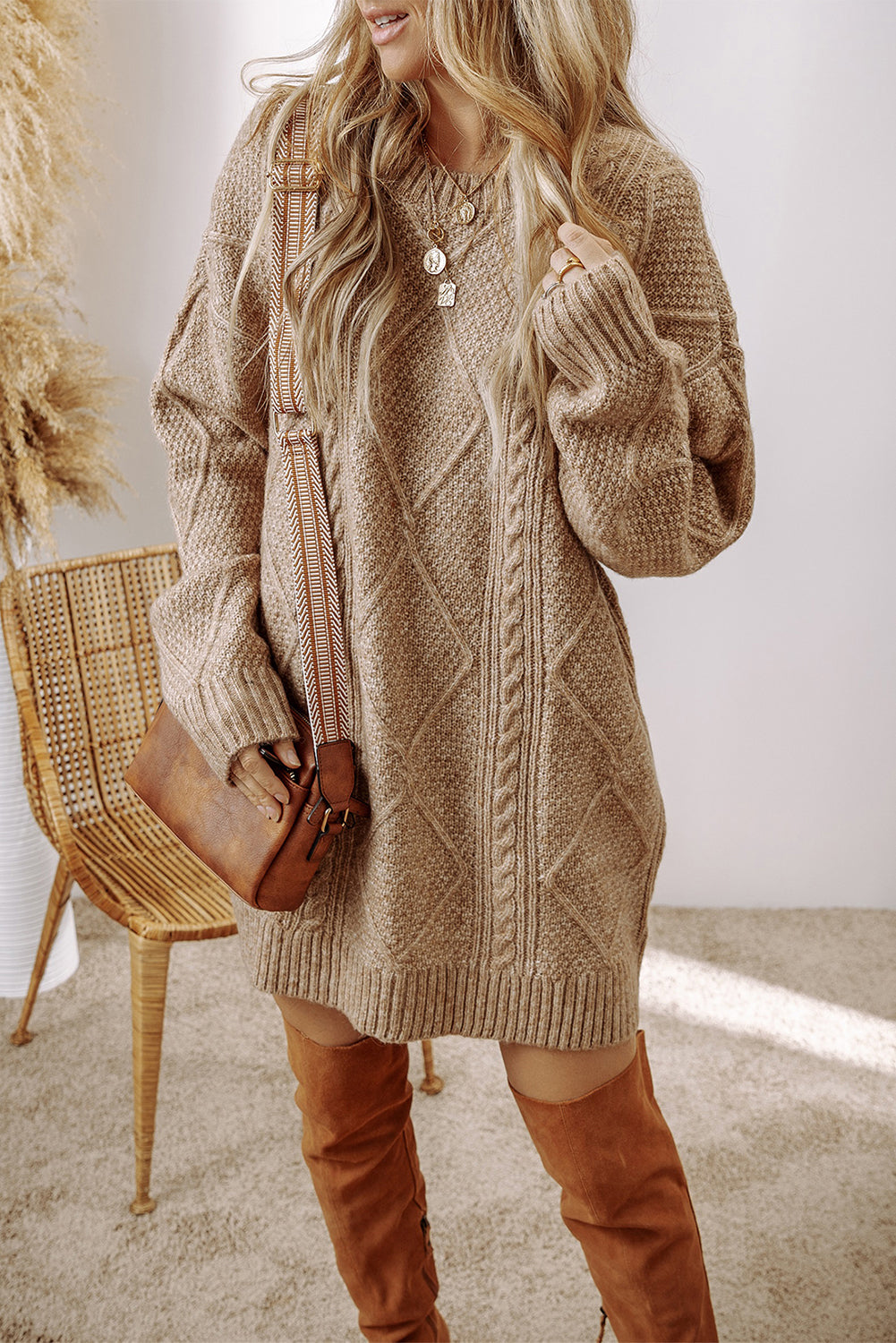 Coffee Cable Knit Drop Shoulder Loose Fit Sweater Dress