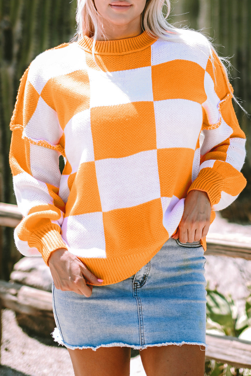 Rosy Checkered Bishop Sleeve Sweater