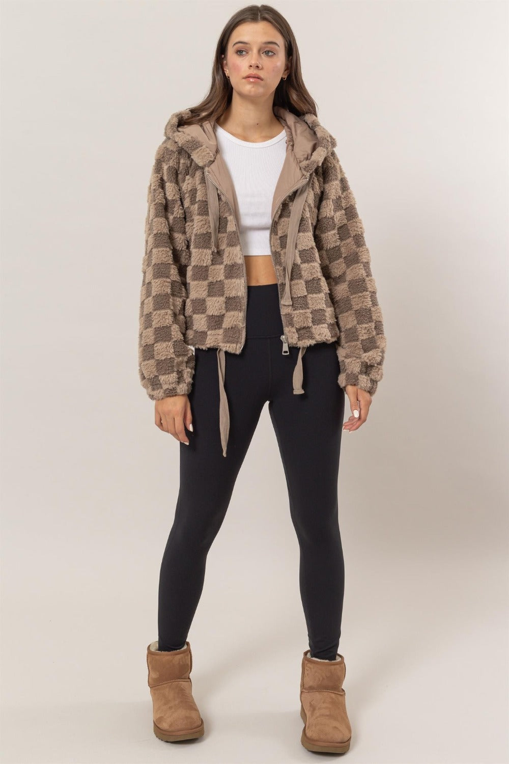 Sophia Sherpa Checkered Hooded Jacket