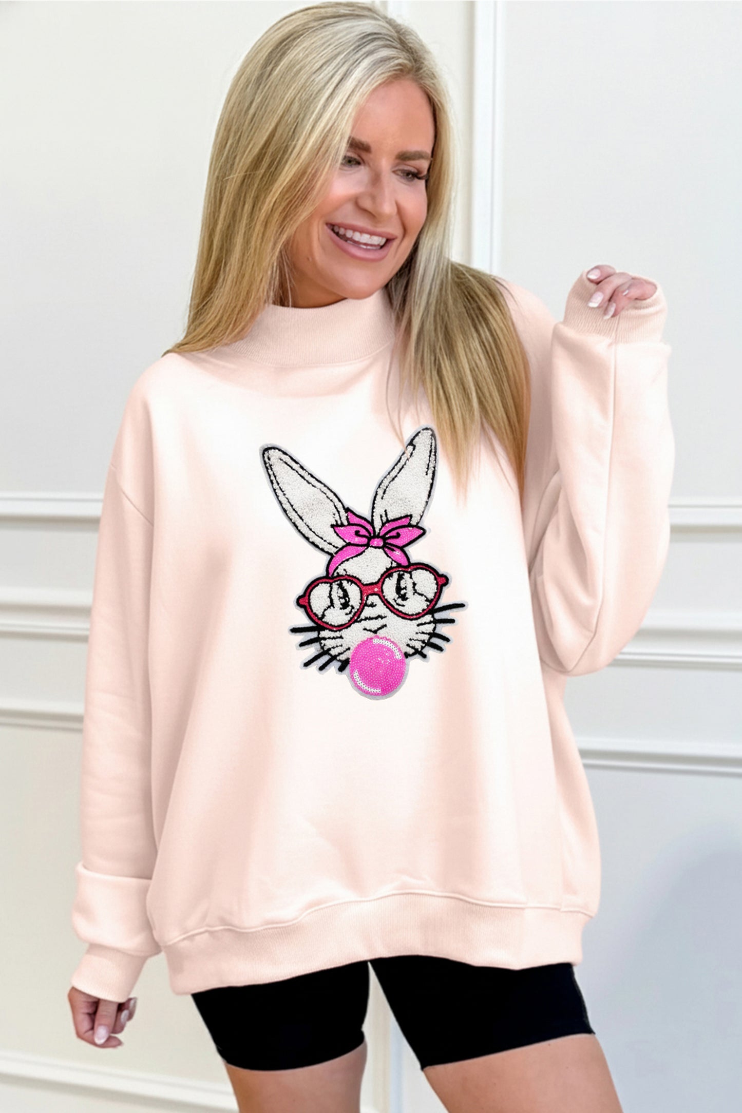 Apricot Pink Bubble Gum Bunny Chenille Patch Sweatshirt