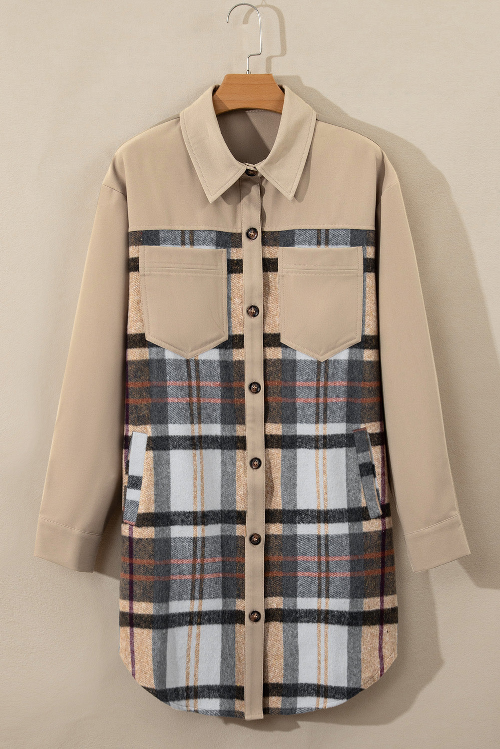 Khaki Plaid Patchwork Long Sleeve Jacket