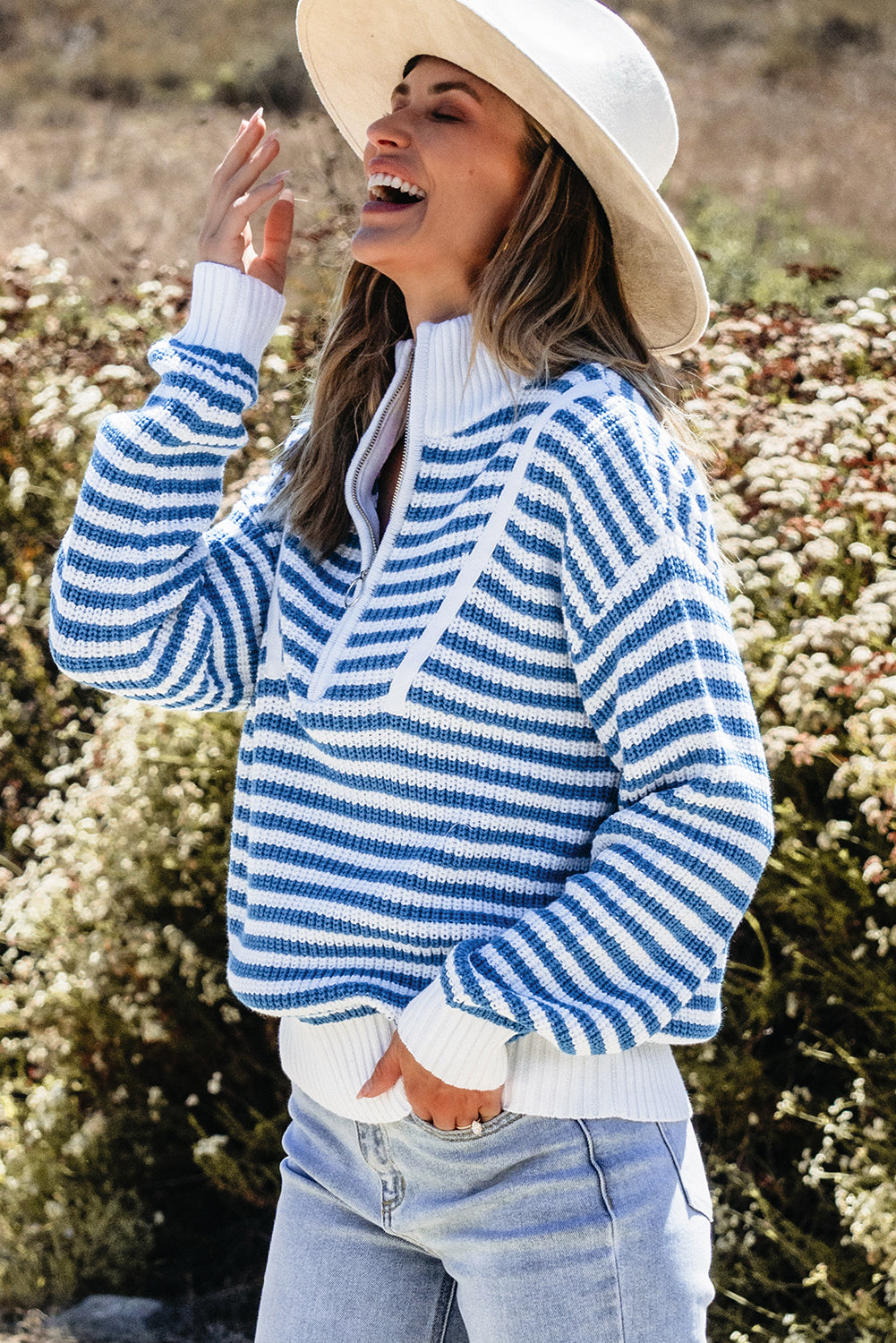 Black Stripe Zip up Collar Drop Shoulder Sweater