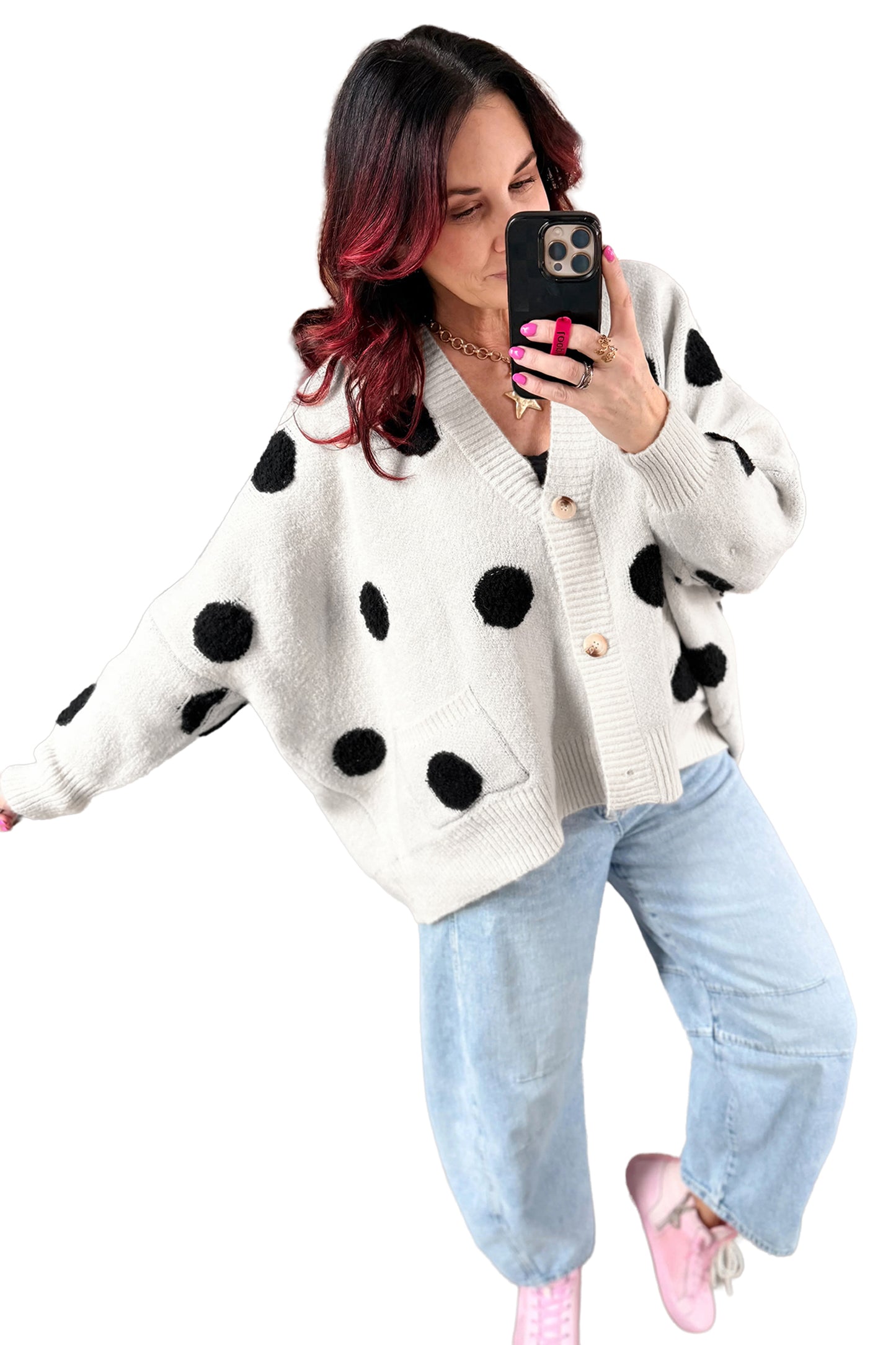 Beige Polka Dot Button Front Oversized V Neck Cardigan