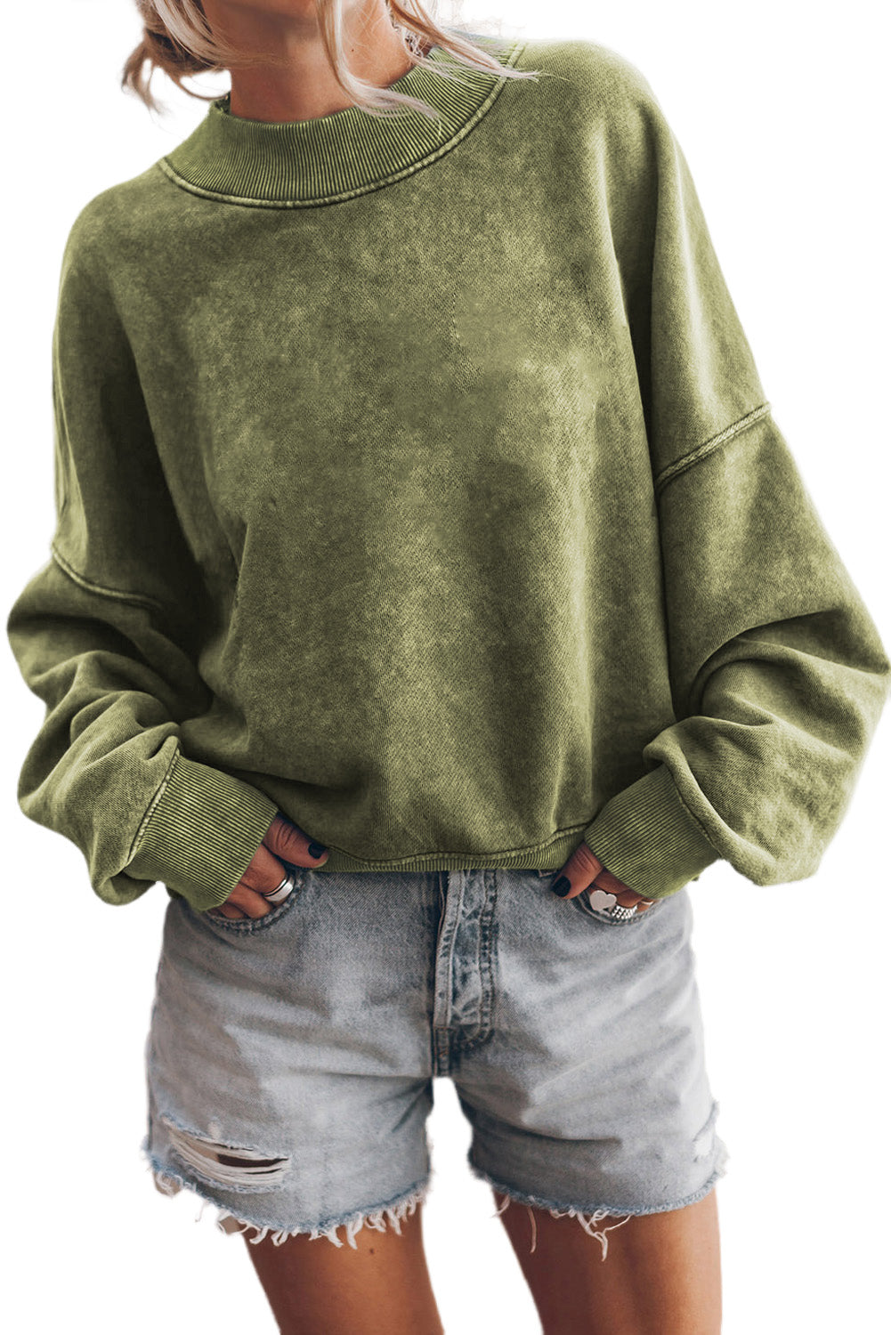 Blue Plain Drop Shoulder Crew Neck Pullover Sweatshirt