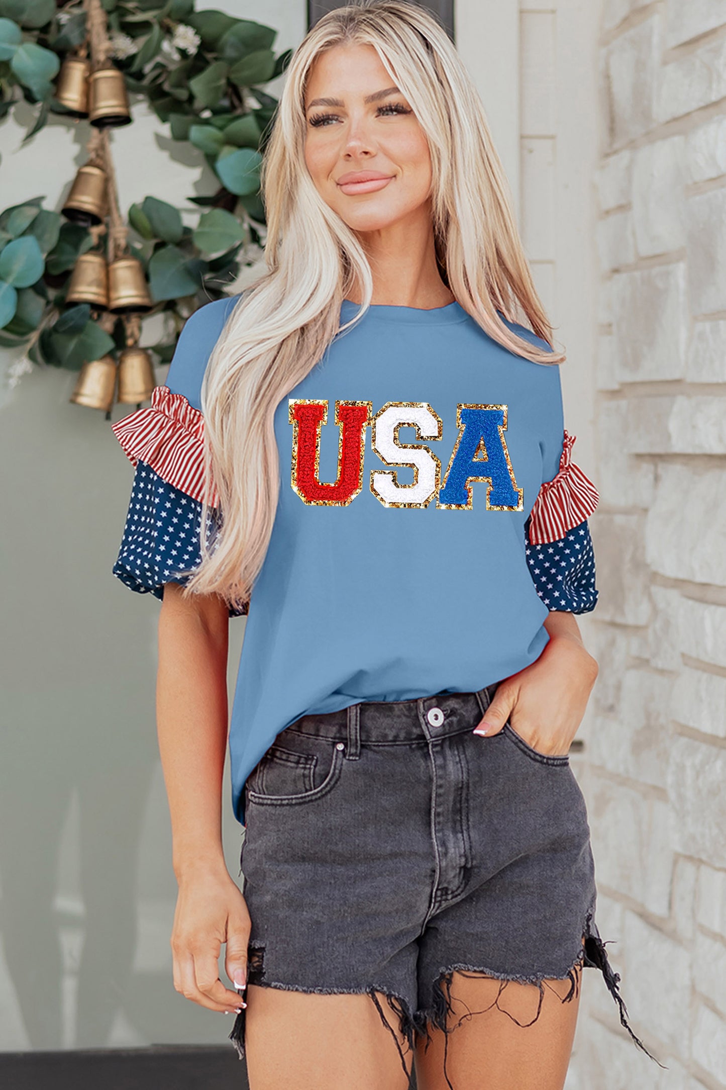 Beau Blue USA Chenille Lettering Stars and Stripes Patchwork Sleeve Top