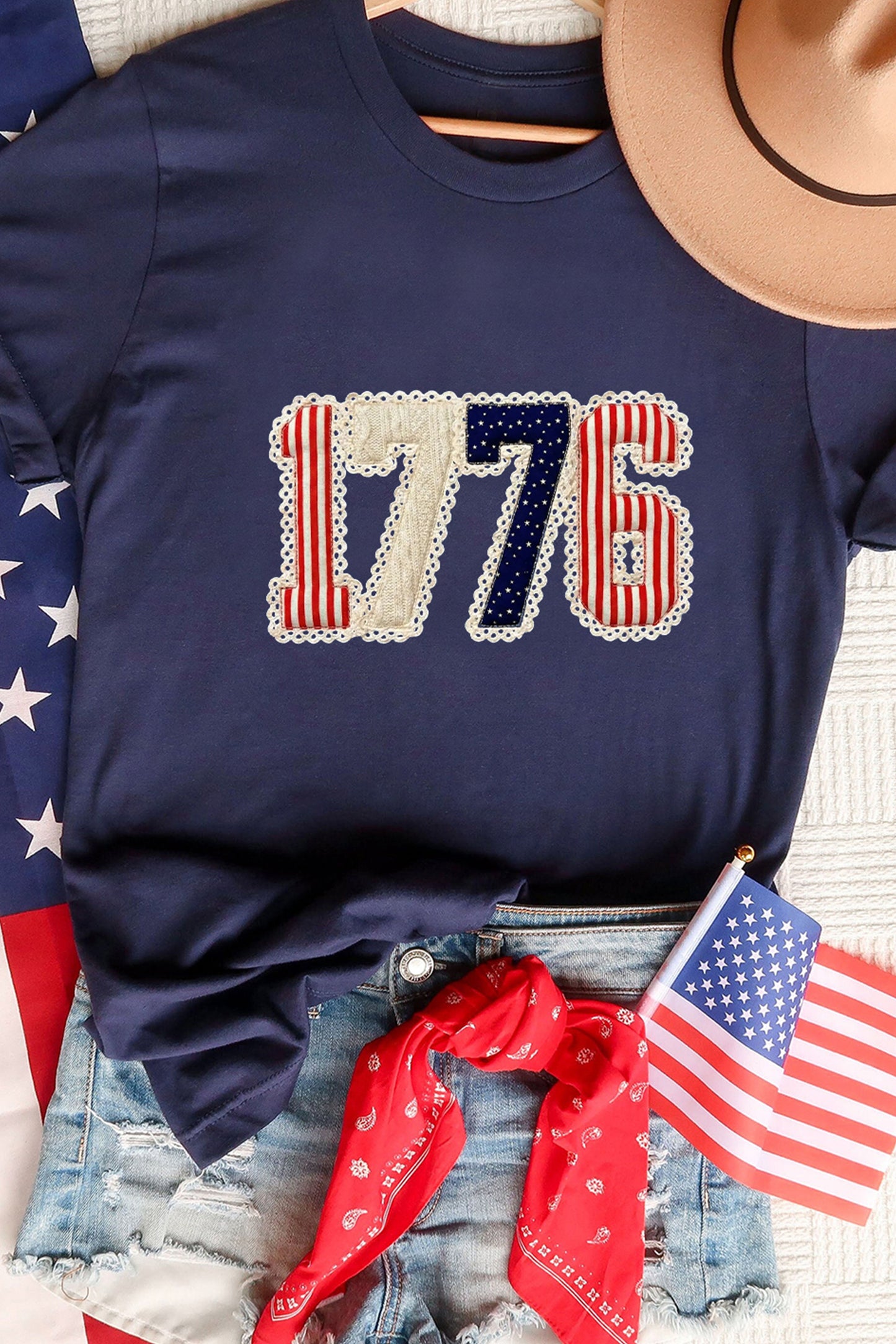 Blue 1776 Faux Patchwork Printed T Shirt