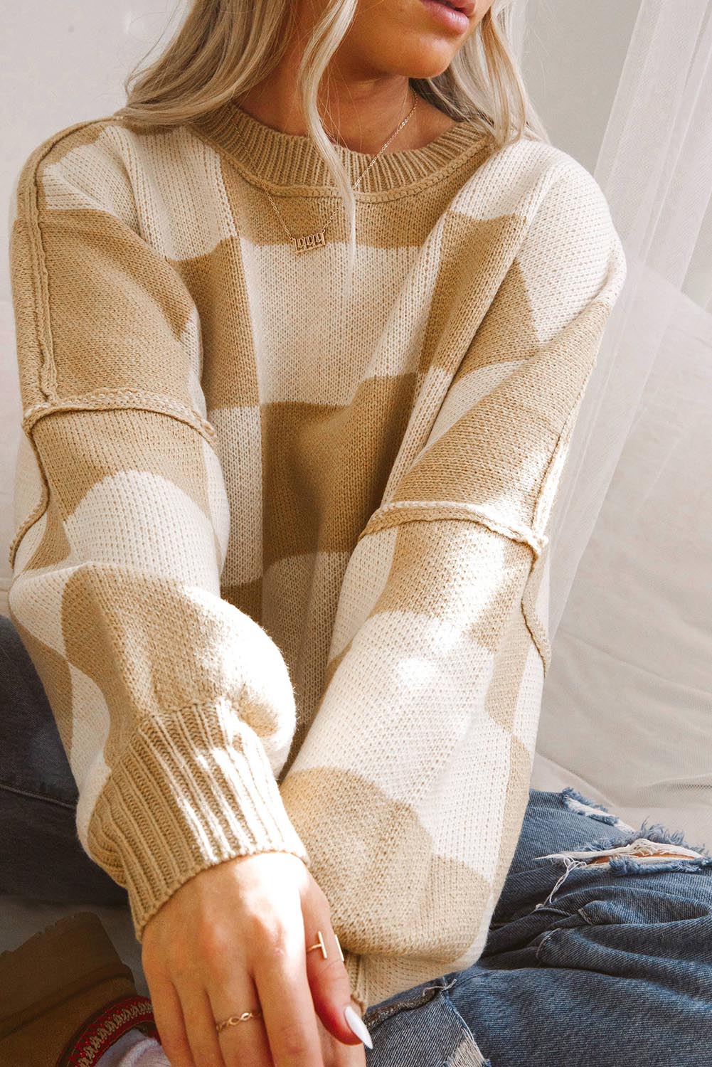 Rosy Checkered Bishop Sleeve Sweater