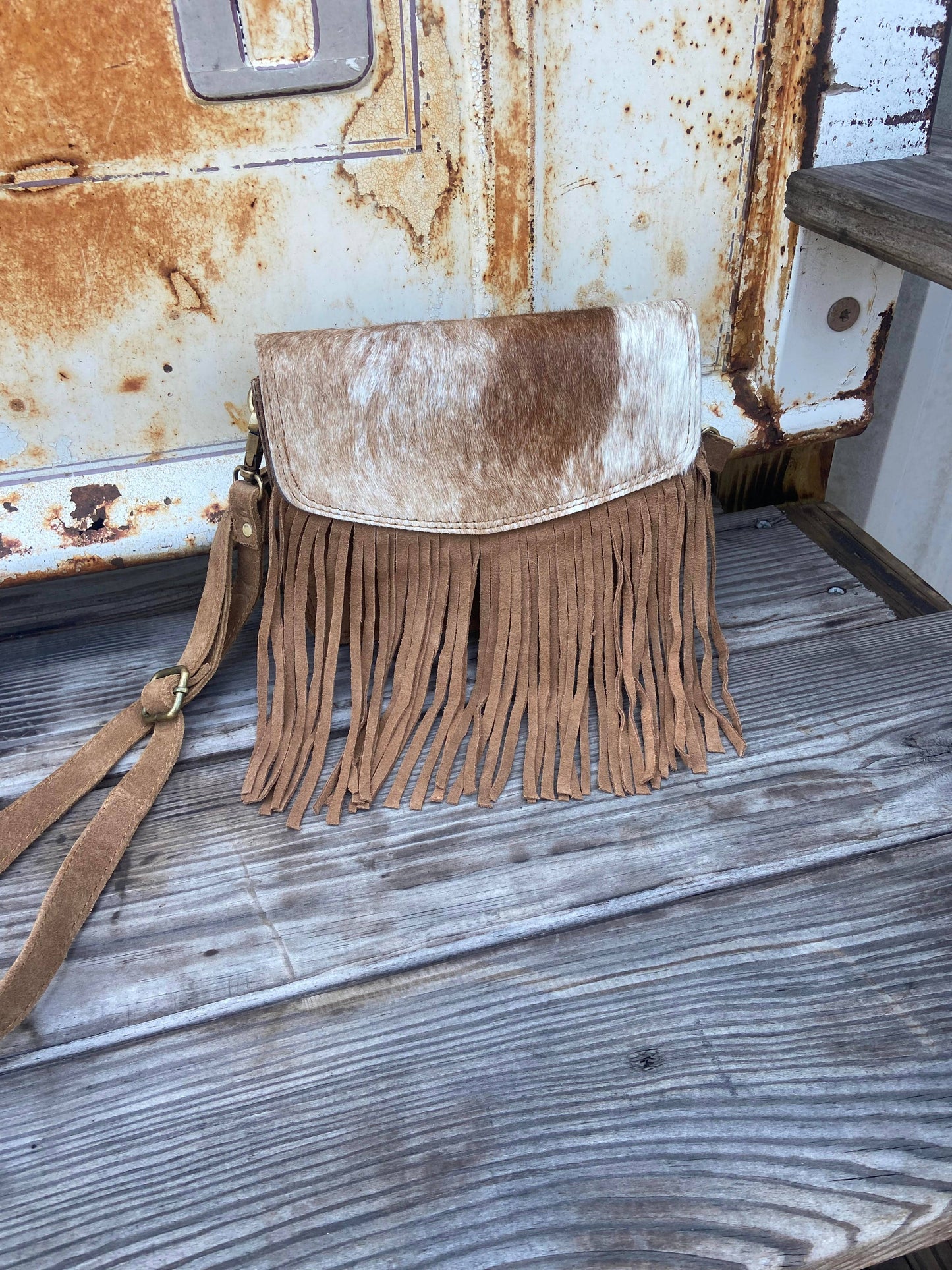 Cowhide and Tan Suede Fringe Western Purse, Crossbody