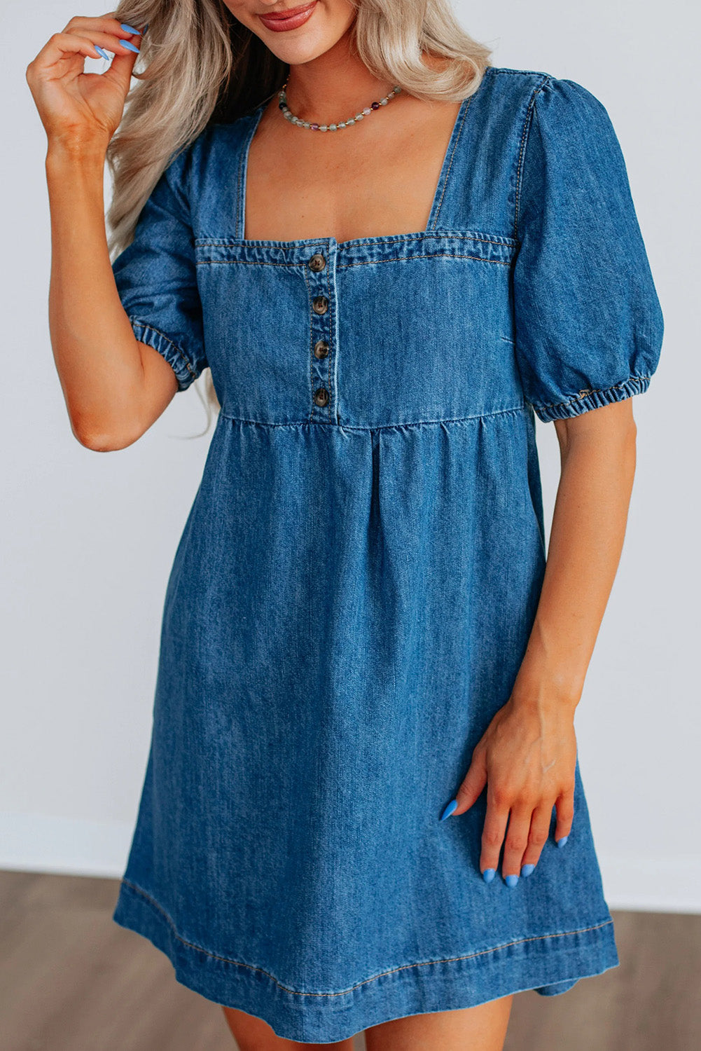 Prussian Blue Button Square Neck Short Puff Sleeve Denim Mini Dress