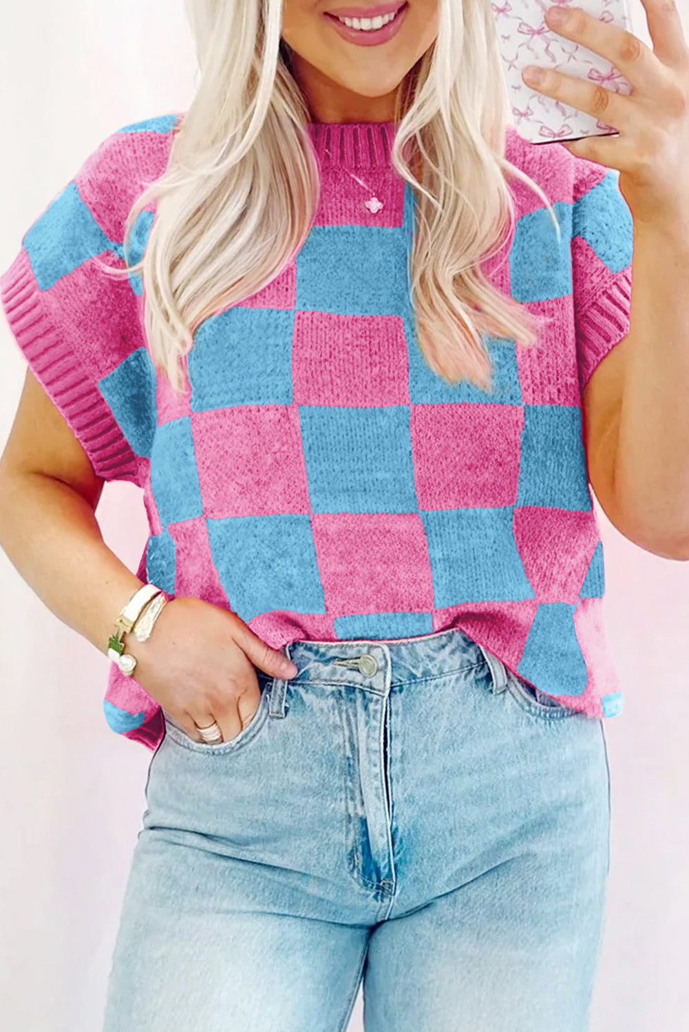 Strawberry Pink Colorblock Plaid Pattern Ribbed Trim Sweater Tank Top