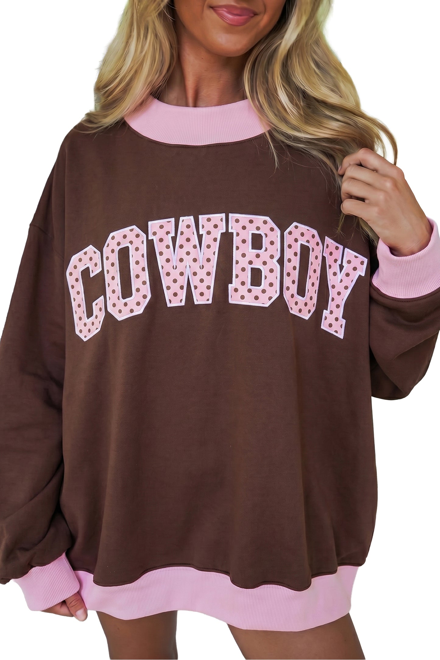 Coffee Polka Dot Letter Graphic Colorblock Mock Neck Tunic Sweatshirt