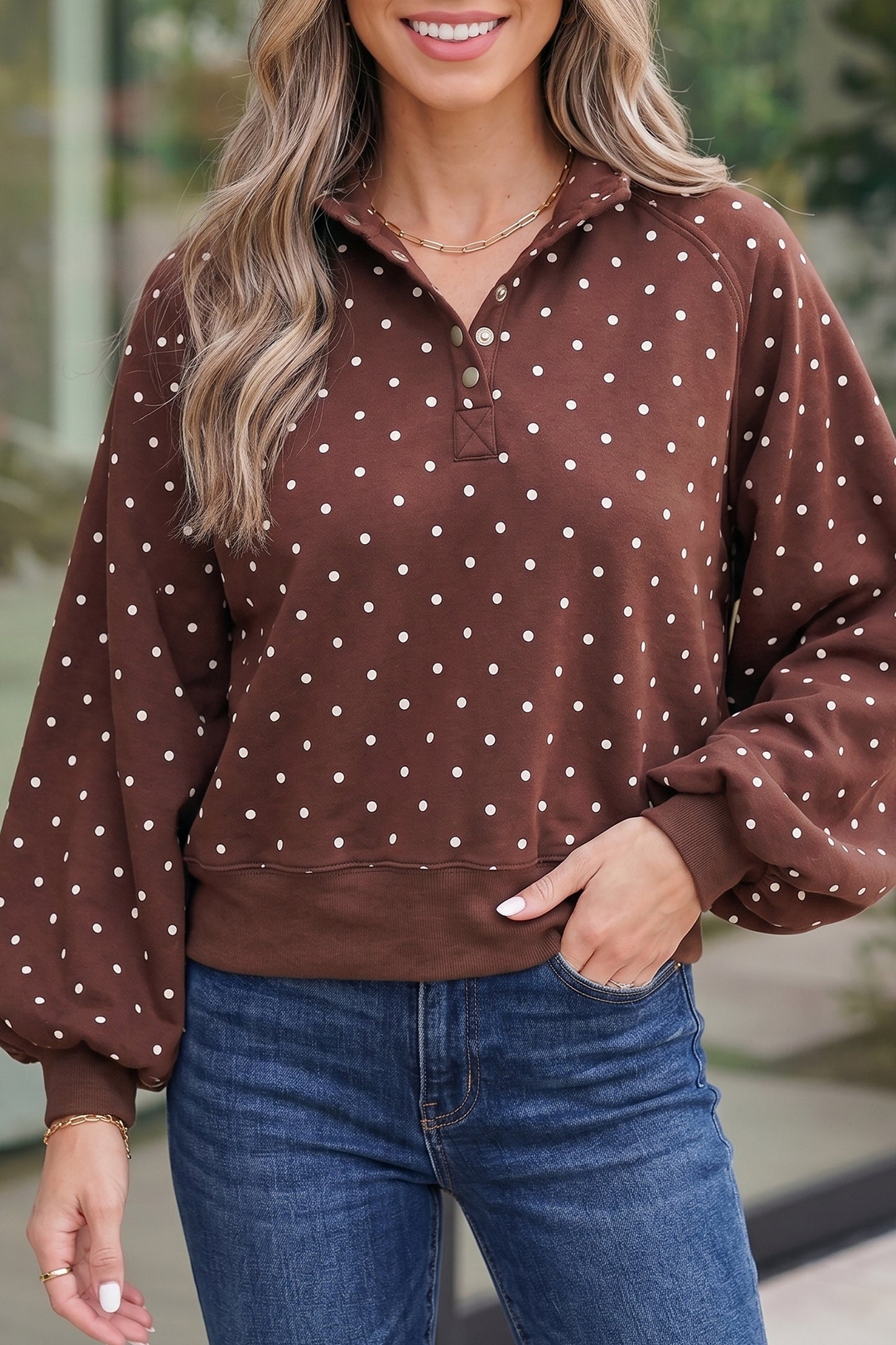 Blue Polka Dot Print Metal Button Collar Casual Pullover Sweatshirt