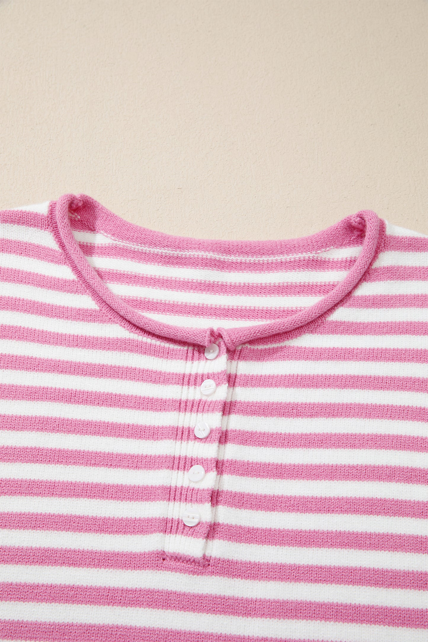 Green Stripe Striped Button Placket Drop Shoulder Long Sleeve Sweater