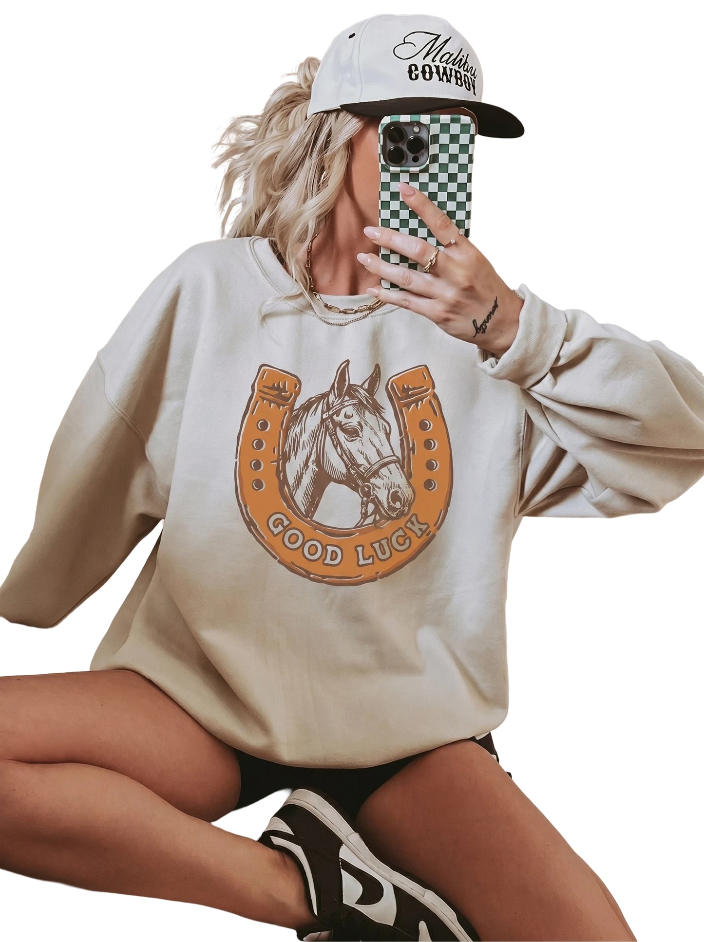 Beige GOOD LUCK Western Horse Print Oversized Pullover Sweatshirt
