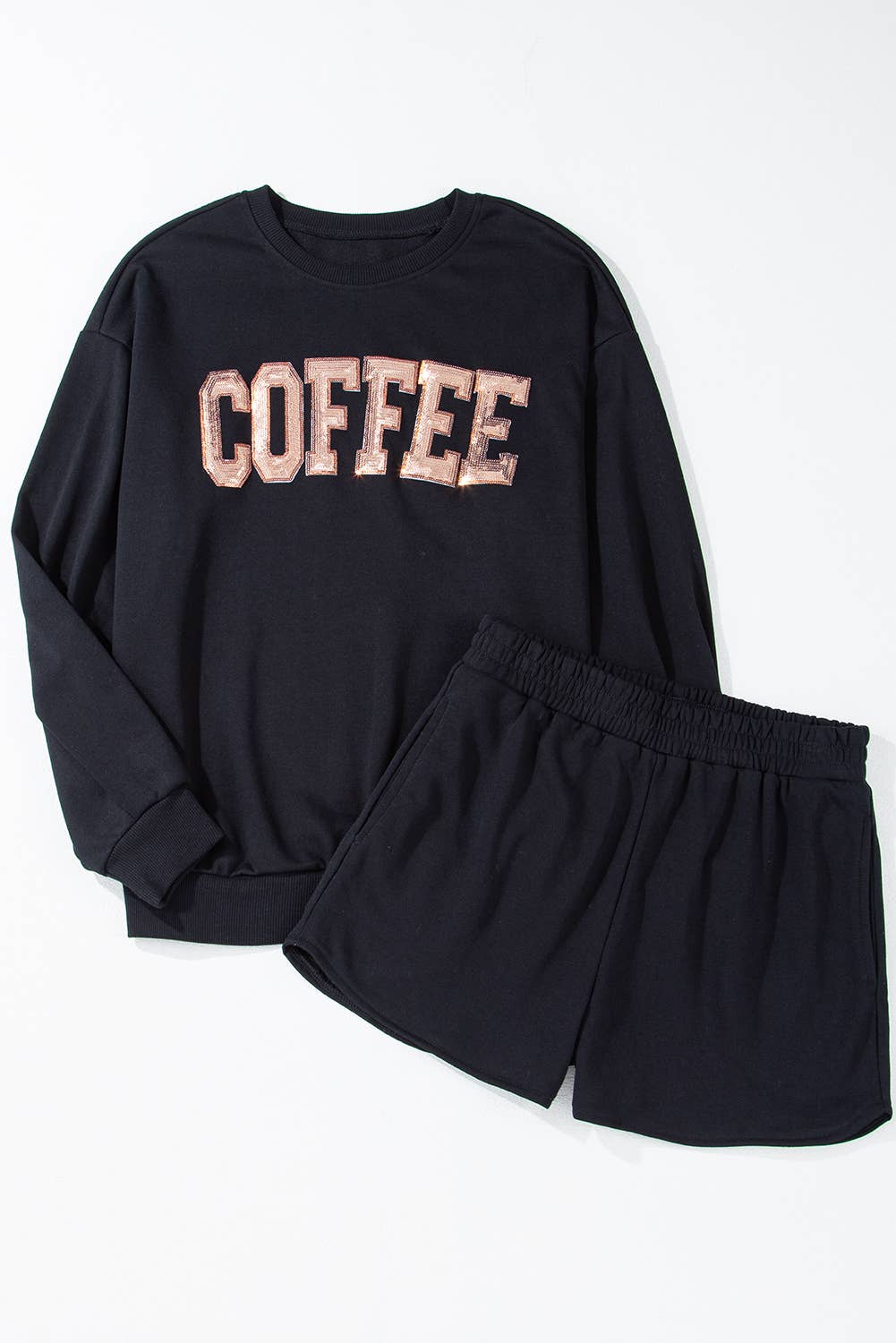 Sequined COFFEE Print Loose Fit Sweatshirt and Shorts Set