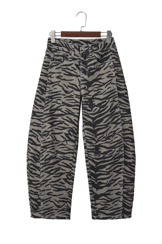 Gray Zebra Stripe Printed Wide Leg Jeans