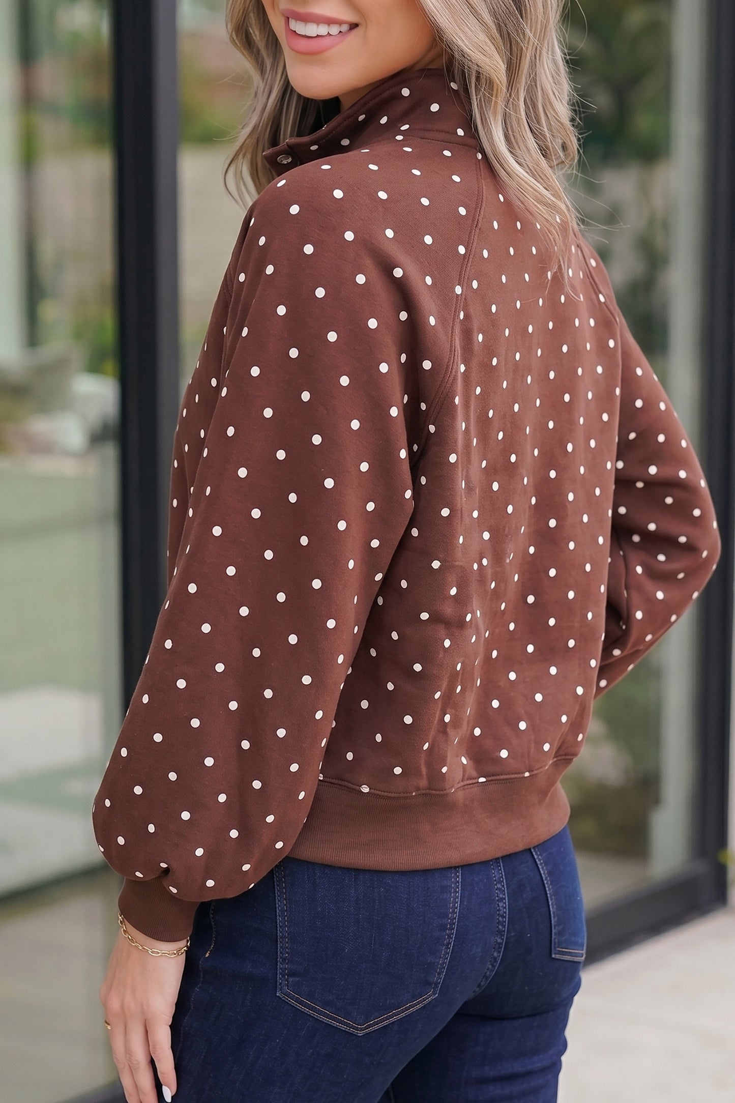 Blue Polka Dot Print Metal Button Collar Casual Pullover Sweatshirt