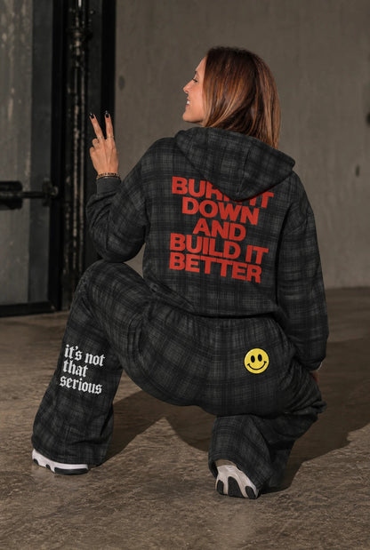 Burn it down and build it better Plaid Color Block Hoodie
