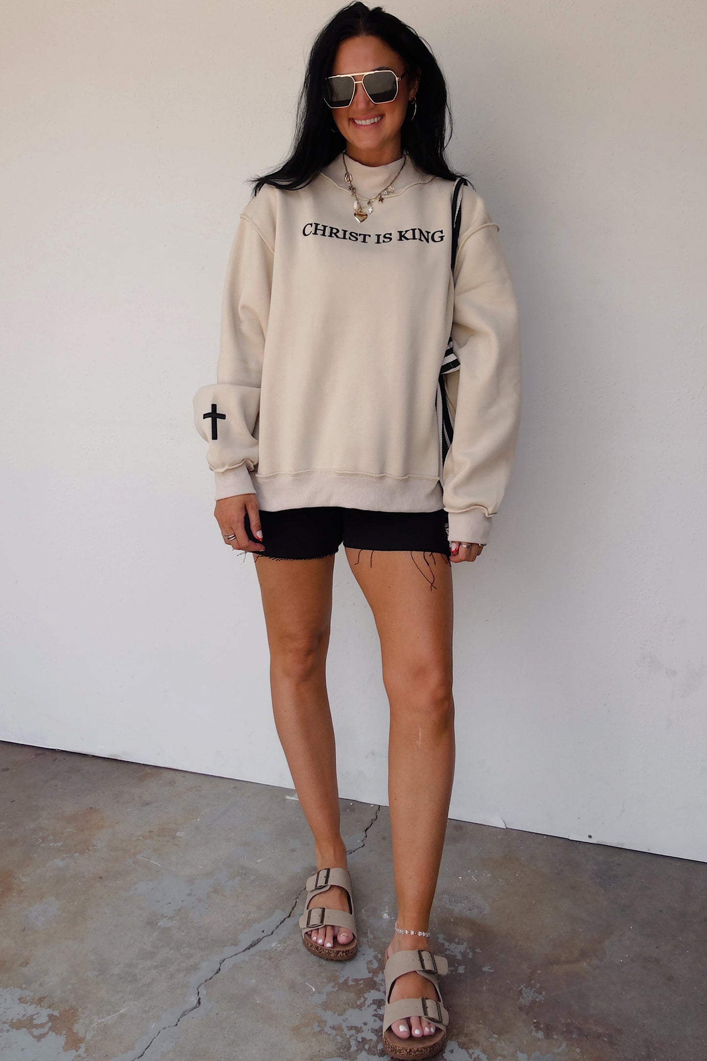 Beige CHRIST IS KING Embroidery High Neck Baggy Sweatshirt