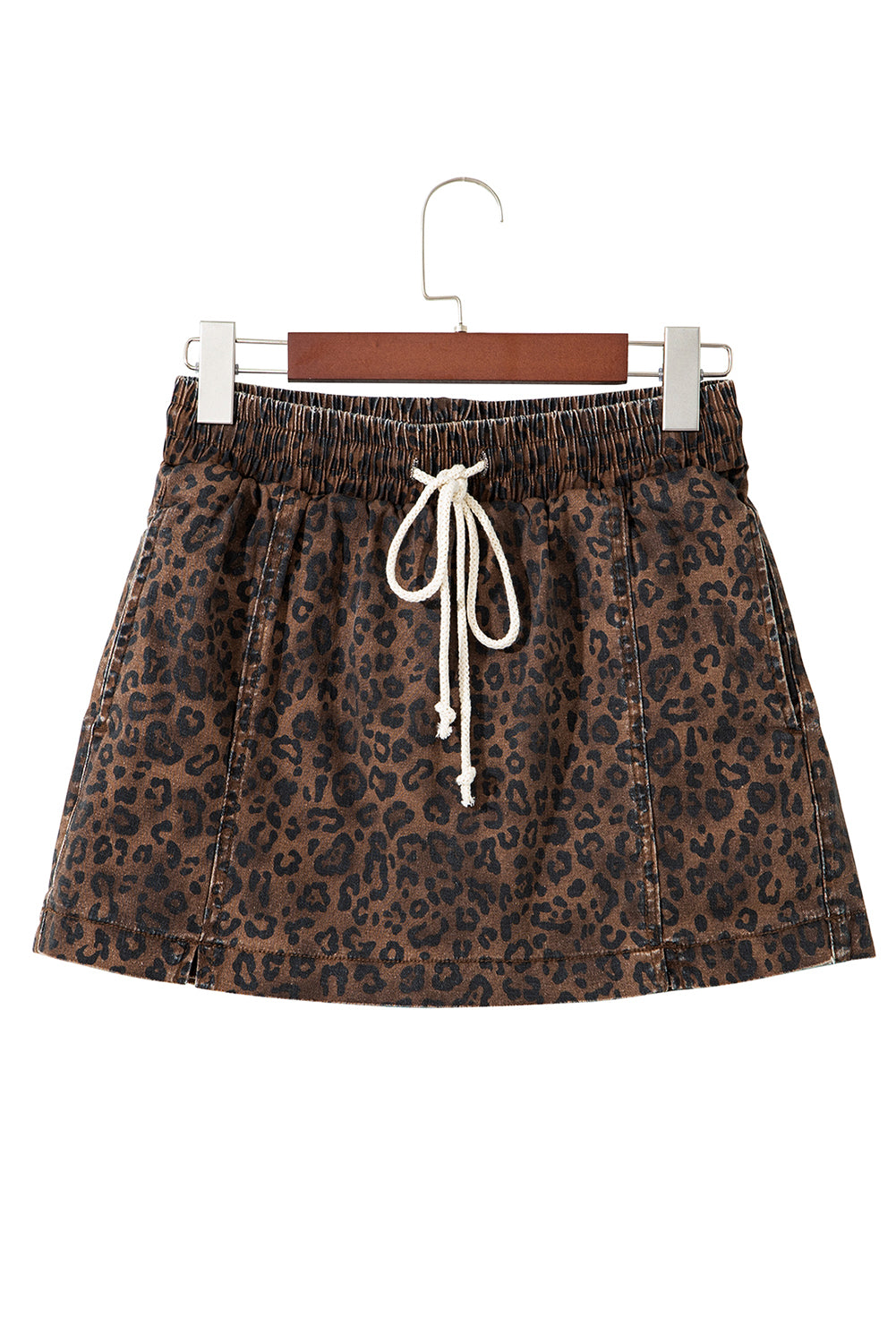 Brown Leopard Print Elastic Waist Drawstring Denim Skort