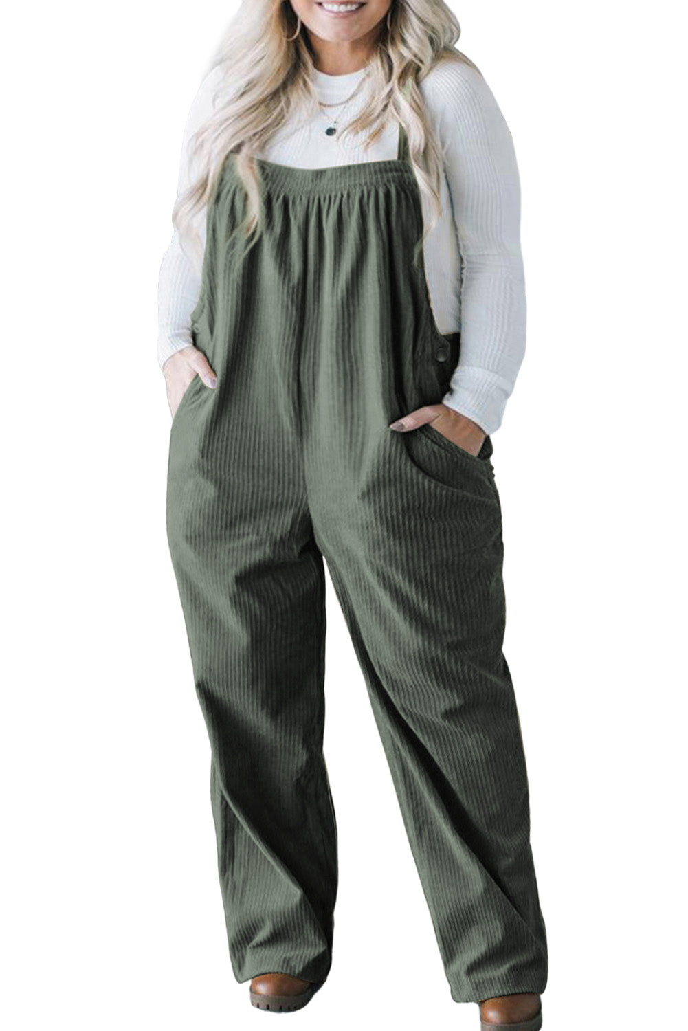 Jungle Green Plus Size Side Pockets Corduroy Overall