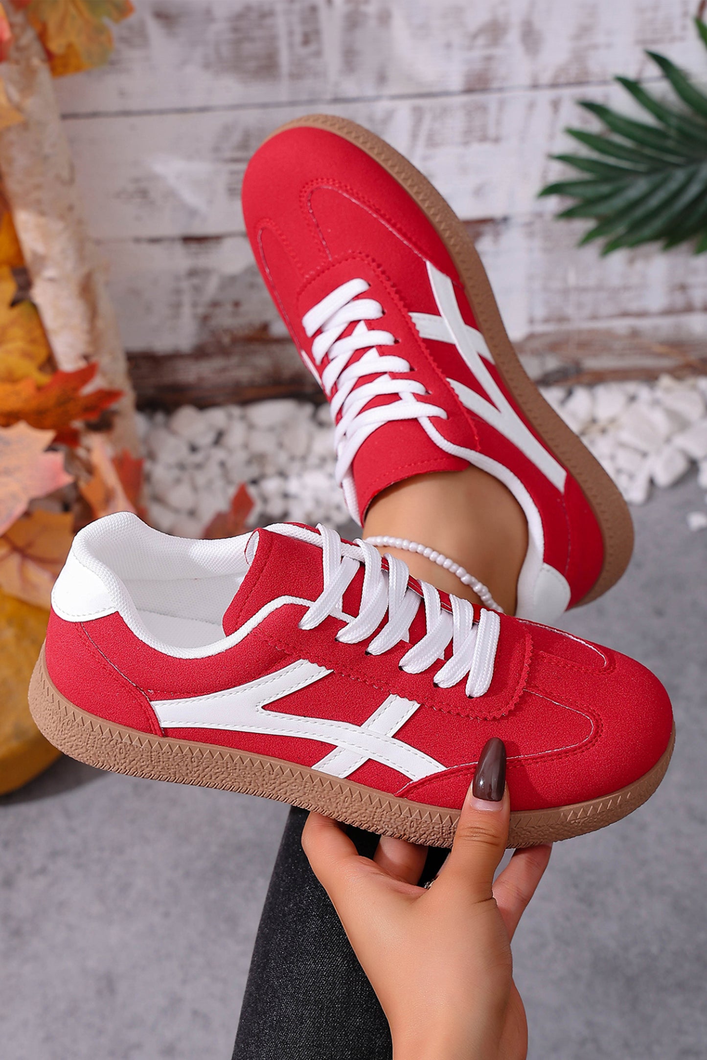 Racing Red Faux Suede Contrast Patchwork Detail Lace Up Flat Sneakers