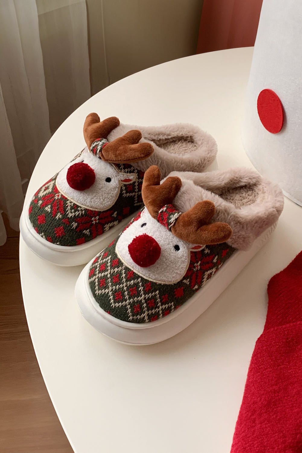 Fiery Red Christmas Cartoon Reindeer Plush Home Slippers