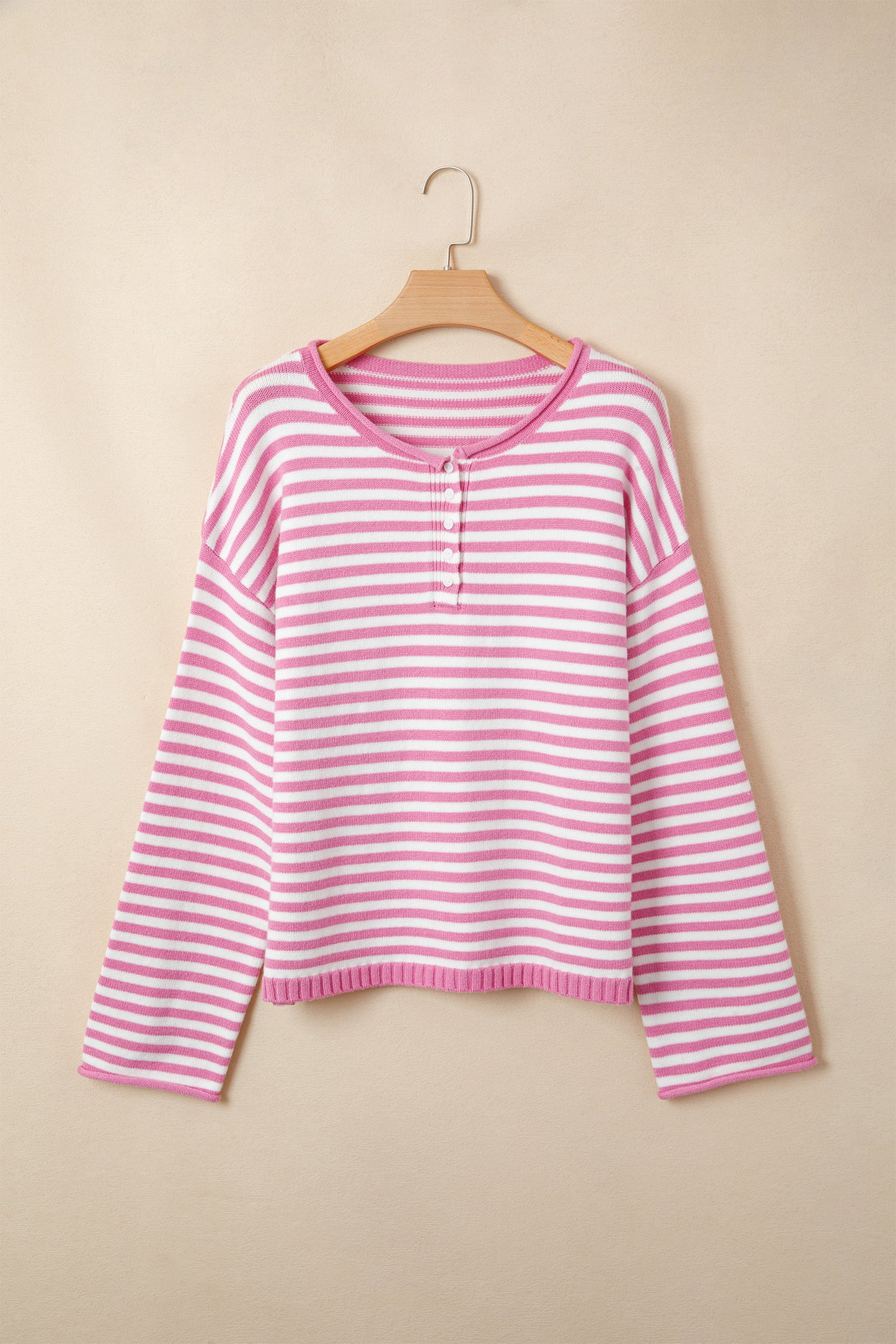 Green Stripe Striped Button Placket Drop Shoulder Long Sleeve Sweater