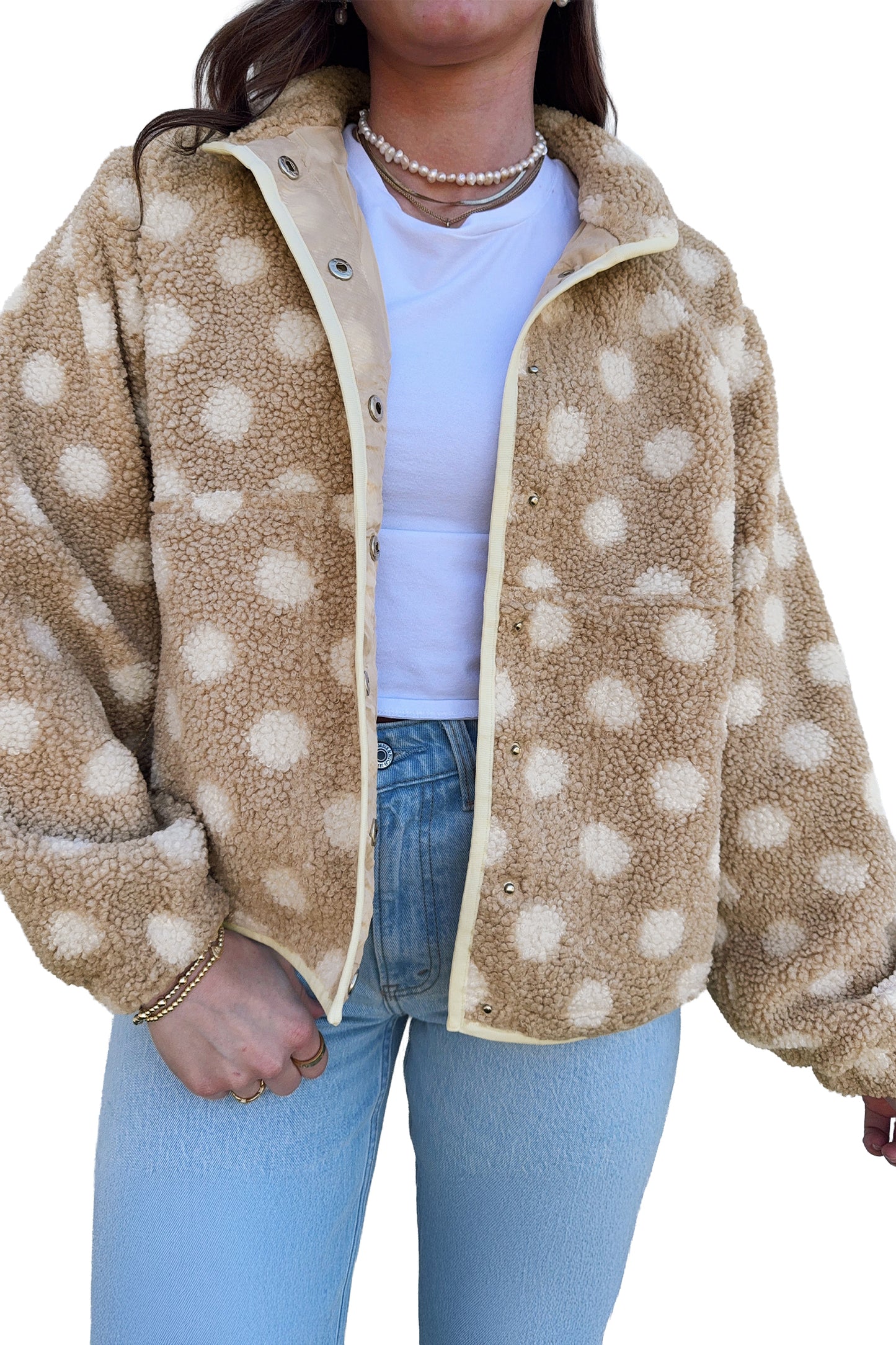 Khaki Polka Dot Faux Fur Metal Button Placket Shift Silhouette Jacket