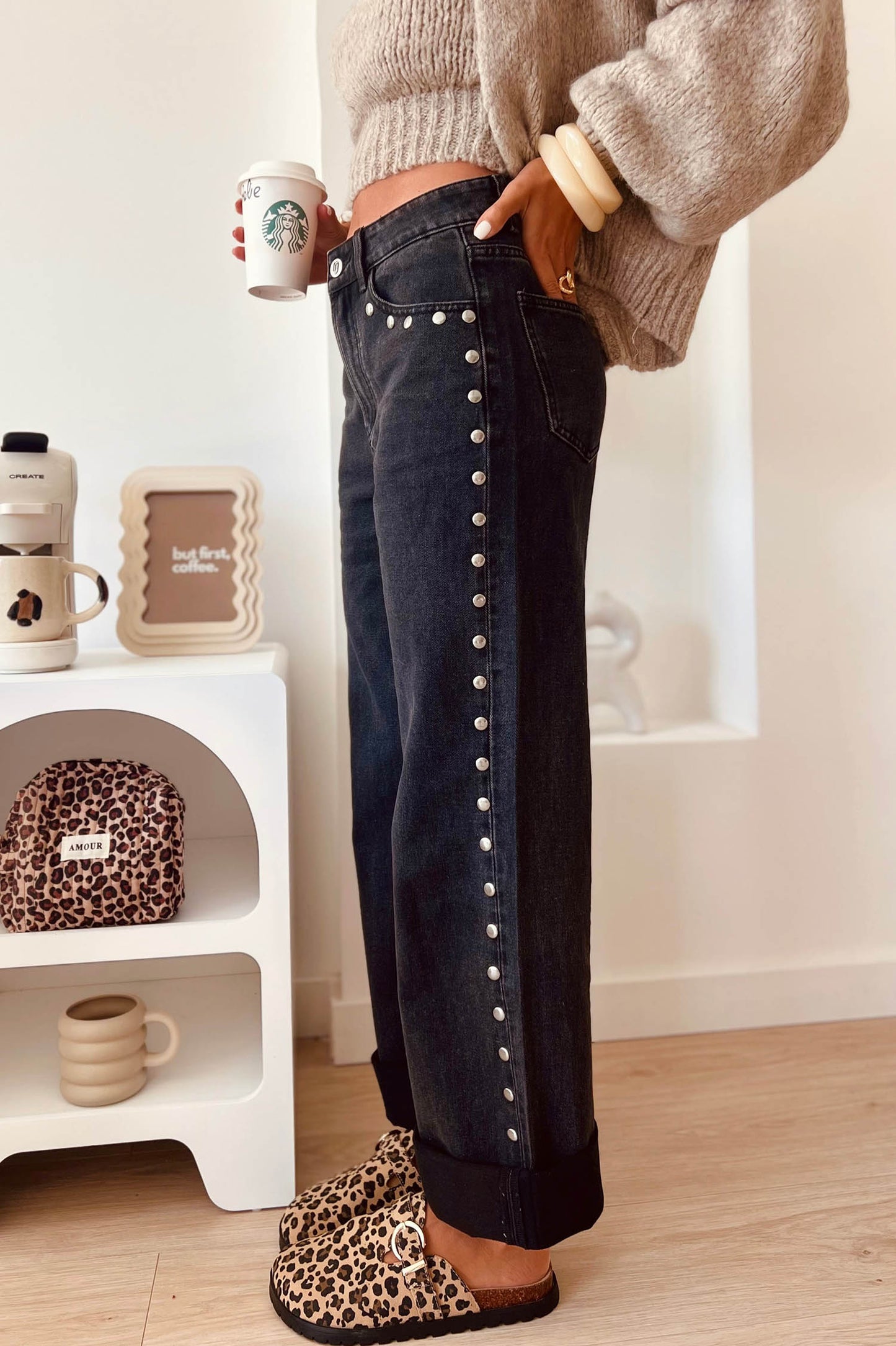 Black Decorative Studs Casual Daily Wear Jeans