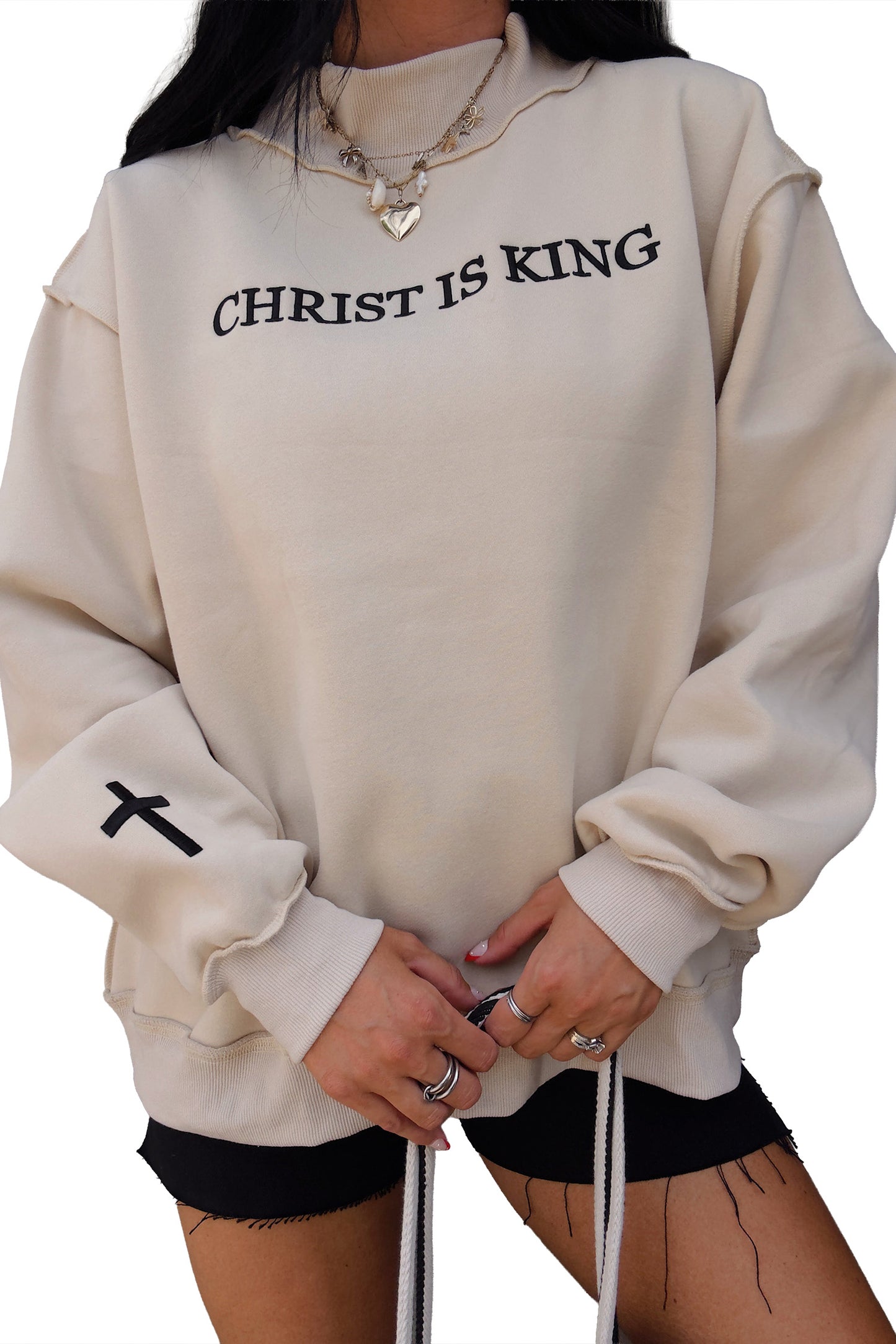 Beige CHRIST IS KING Embroidery High Neck Baggy Sweatshirt